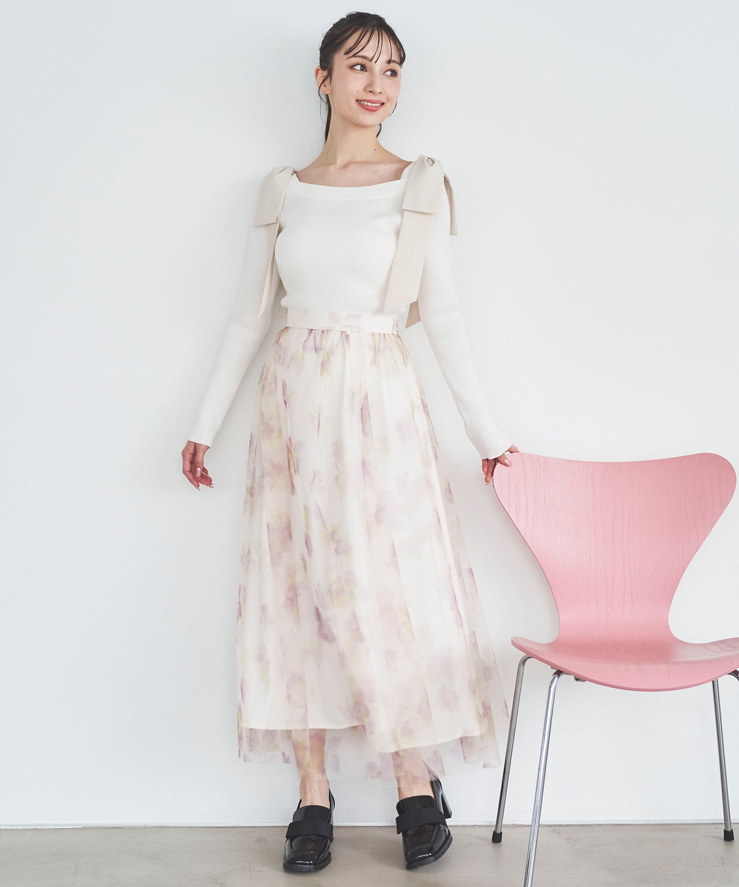 トランテアン ソン ドゥ モード 31 Sons de mode フラワープリントチュールスカート (オフベージュ) OFF-WHITE