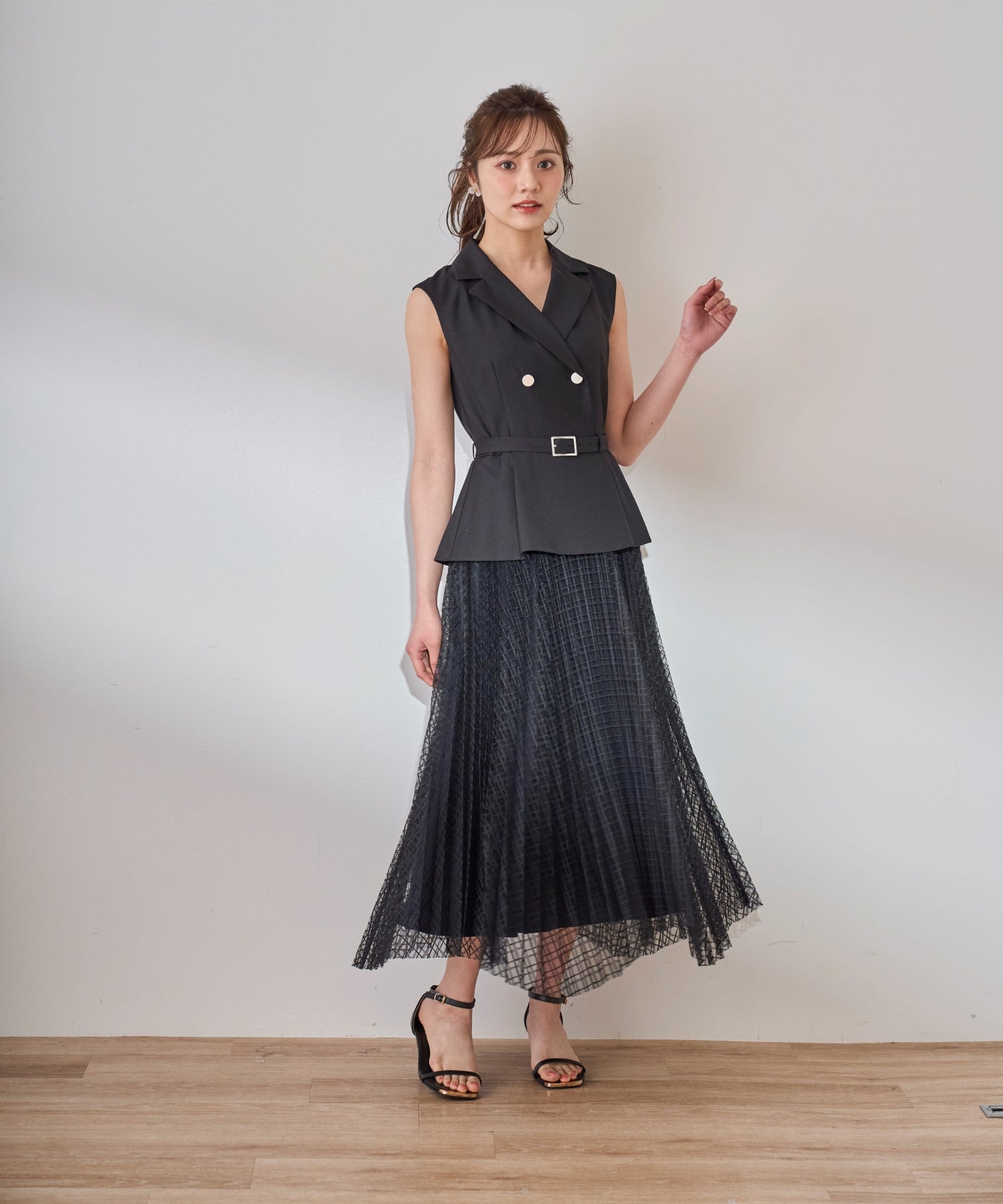 トランテアン ソン ドゥ モード 31 Sons de mode 2025春夏新作 ジレドッキングプリーツワンピース (BLACK) BLACK