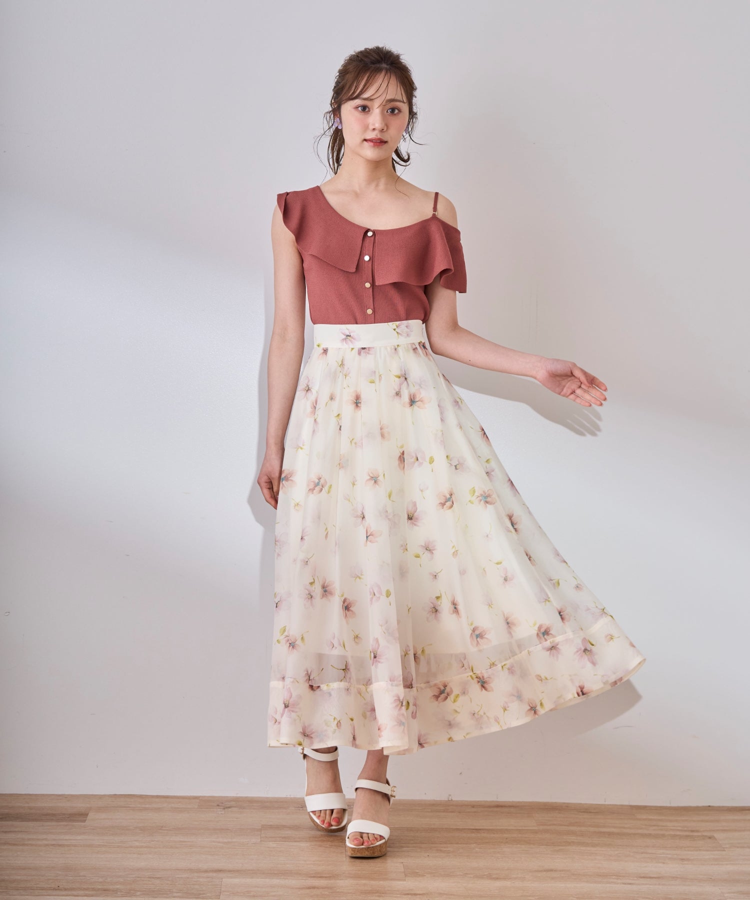 トランテアン ソン ドゥ モード 31 Sons de mode 2025春夏新作 花柄シアーフレアースカート (BEIGE) BEIGE