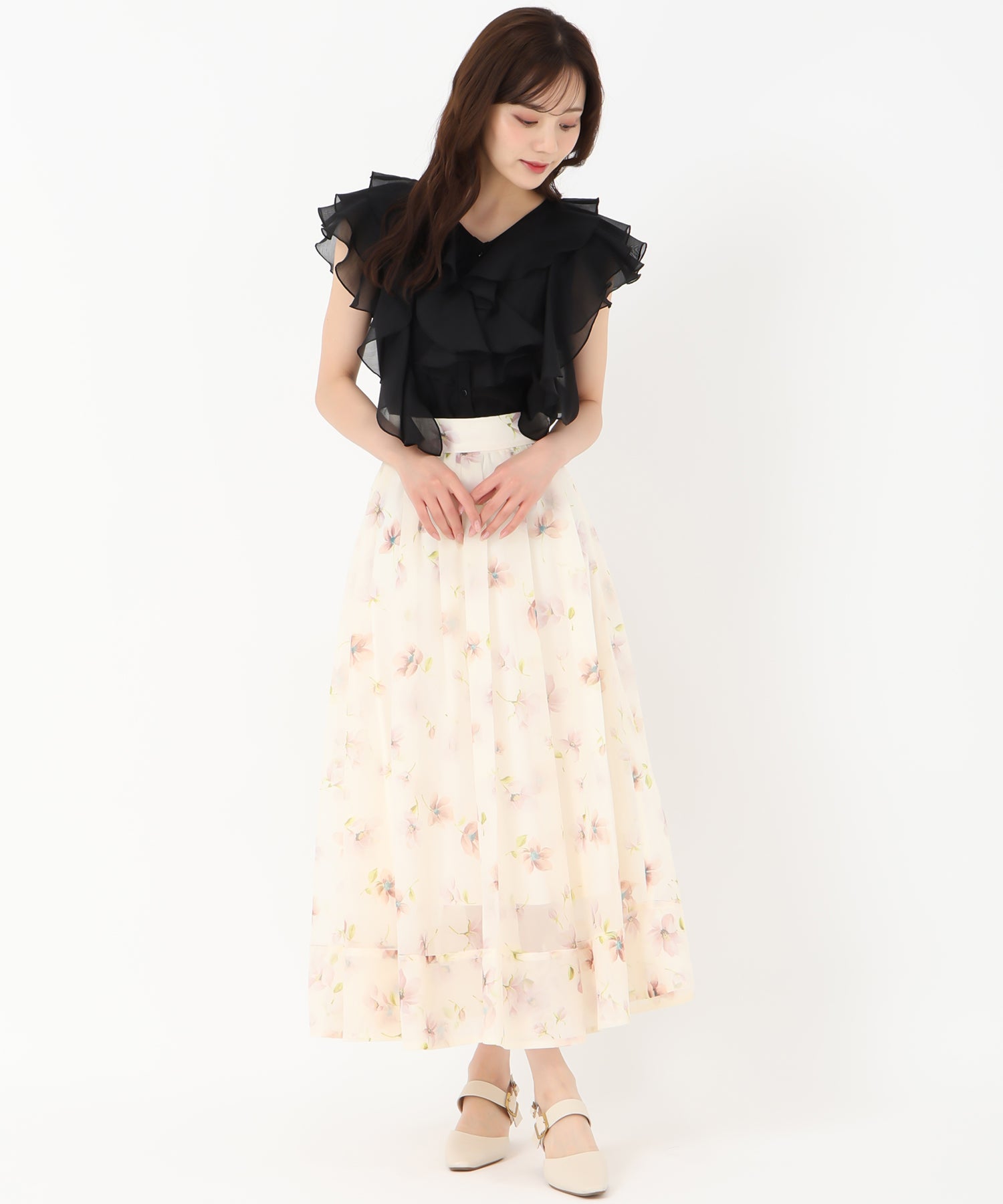 トランテアン ソン ドゥ モード 31 Sons de mode 2025春夏新作 花柄シアーフレアースカート (BEIGE) BEIGE