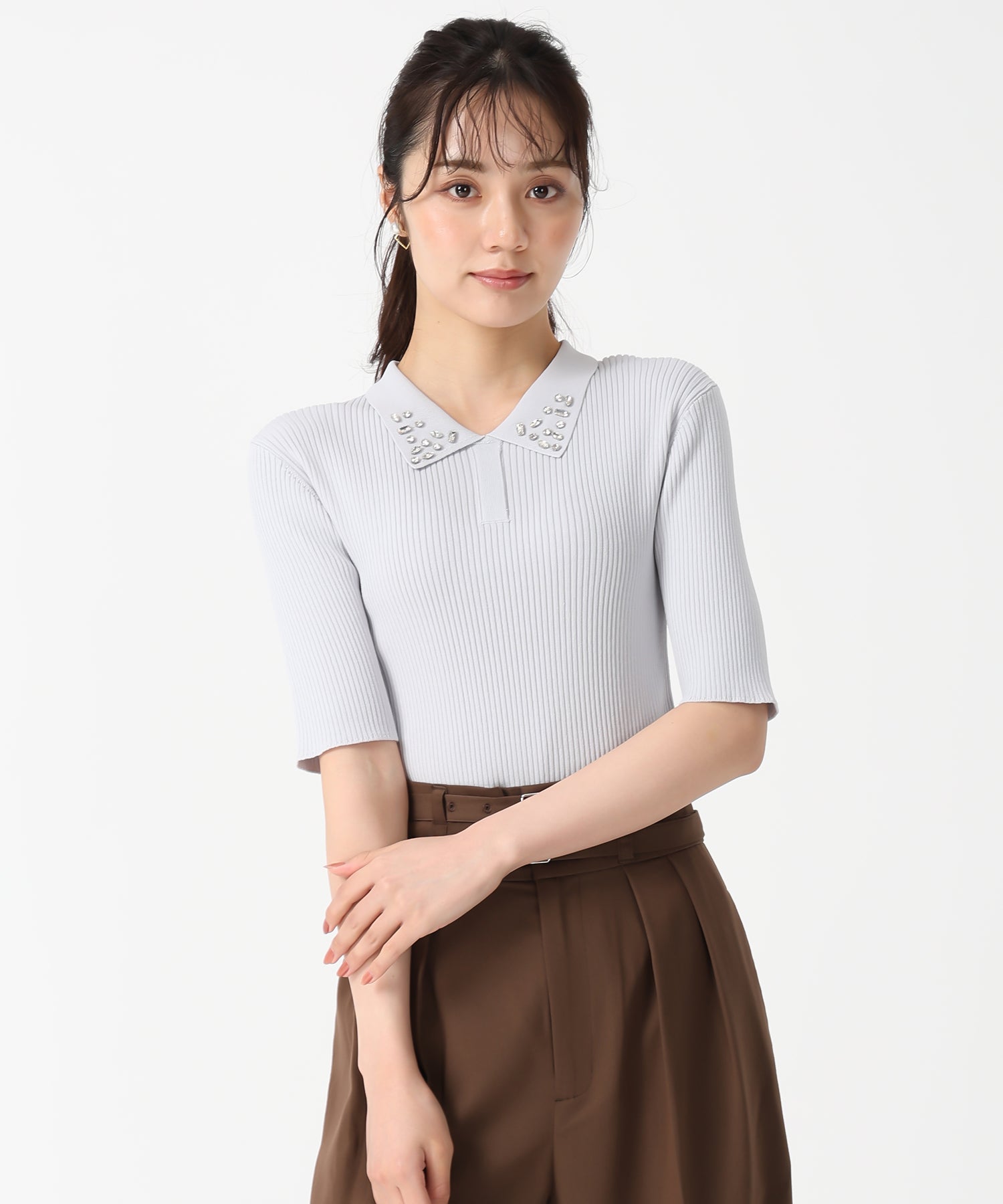 トランテアン ソン ドゥ モード 31 Sons de mode 2025秋冬新作 襟ビジュー付ポロニット (SAXE) SAXE