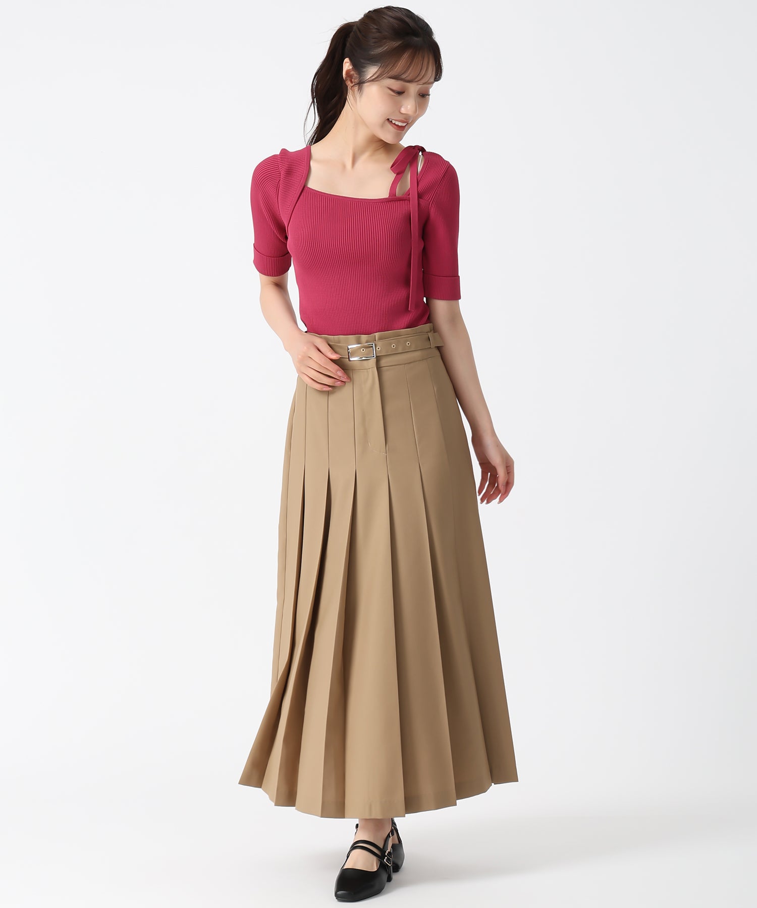 トランテアン ソン ドゥ モード 31 Sons de mode 2025秋冬新作 肩リボンアシメリブニット (PINK) PINK