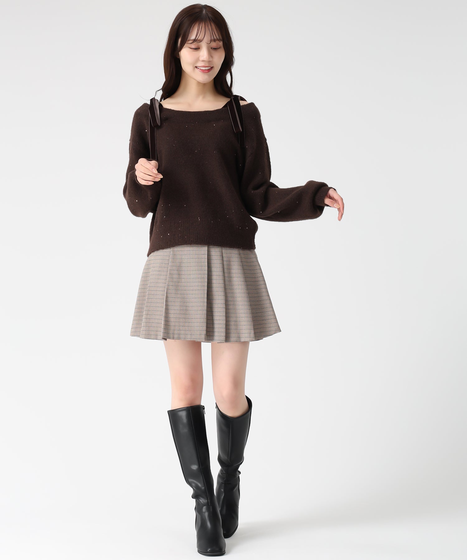 トランテアン ソン ドゥ モード 31 Sons de mode 2025秋冬新作 ベロア肩リボンふわふわニット TT548318 (BROWN) BROWN