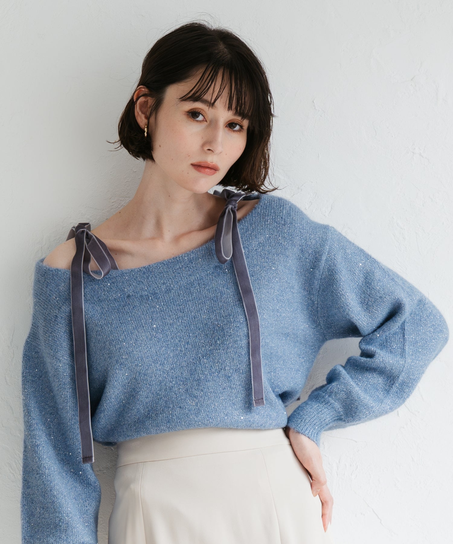トランテアン ソン ドゥ モード 31 Sons de mode 2025秋冬新作 ベロア肩リボンふわふわニット TT548318 (BLUE) BLUE