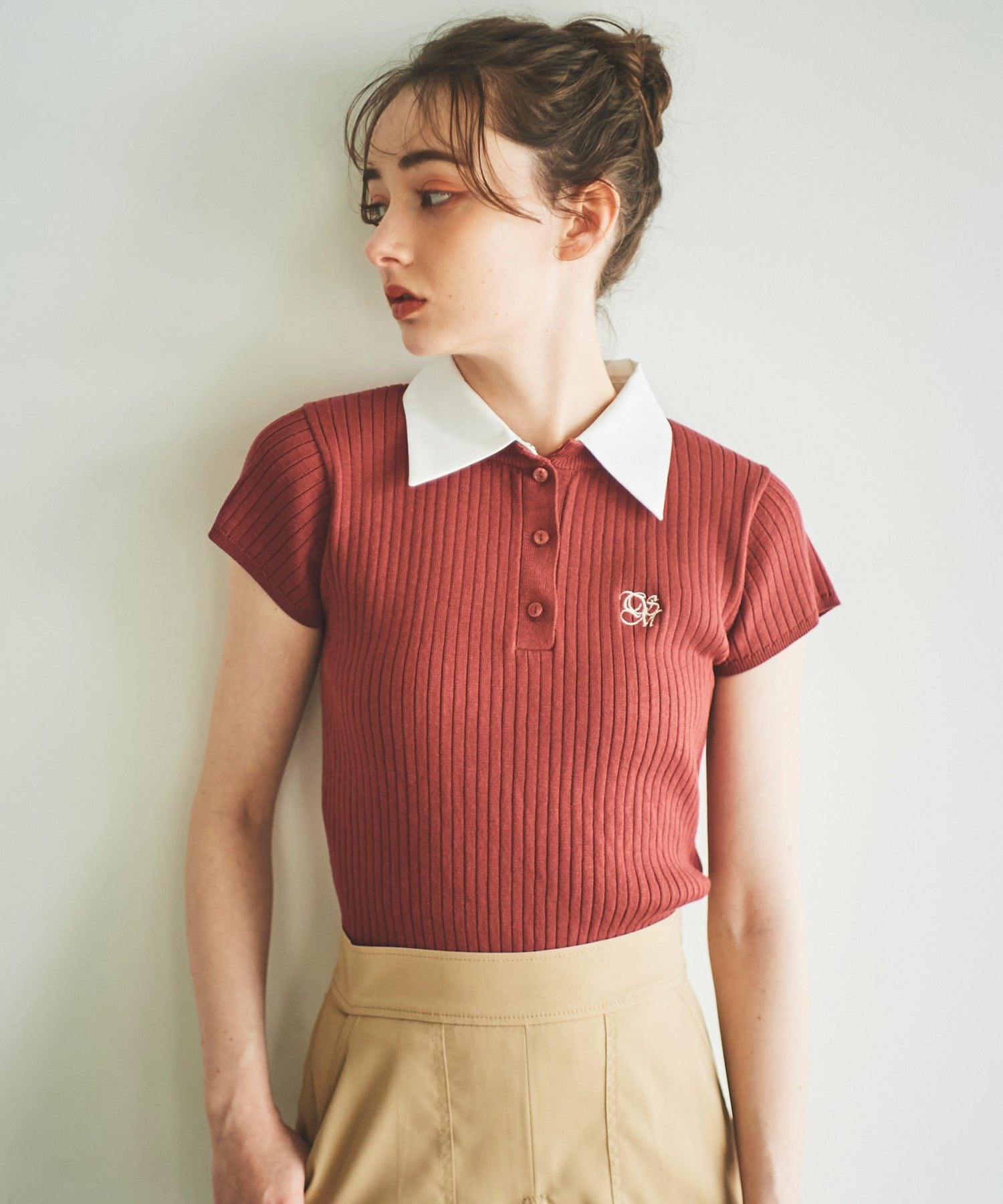 トランテアン ソン ドゥ モード 31 Sons de mode シャツ襟付き2WAYリブニット,レッド