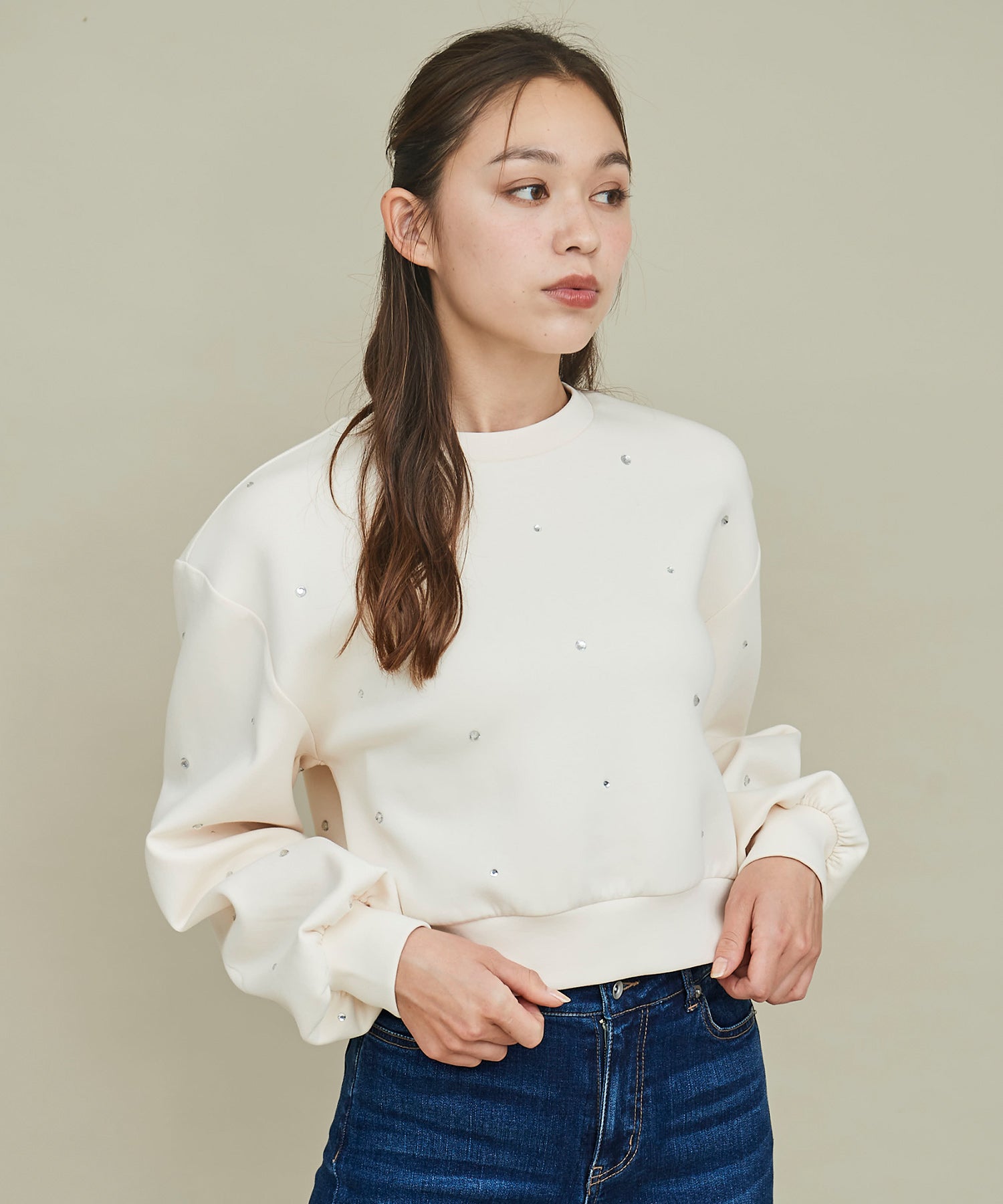 トランテアン ソン ドゥ モード 31 Sons de mode ビジュー付きダンボールスウェット (オフホワイト) オフホワイト