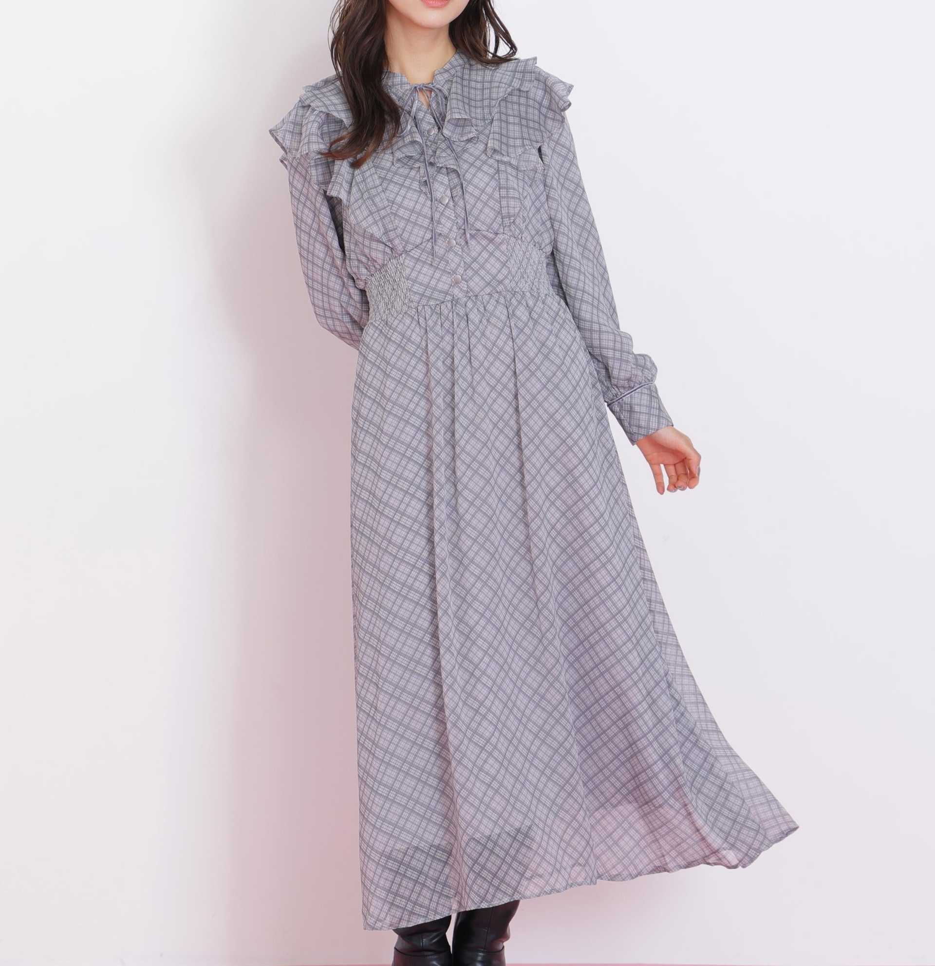 ベロア配色チェックラッフルワンピース グレー1