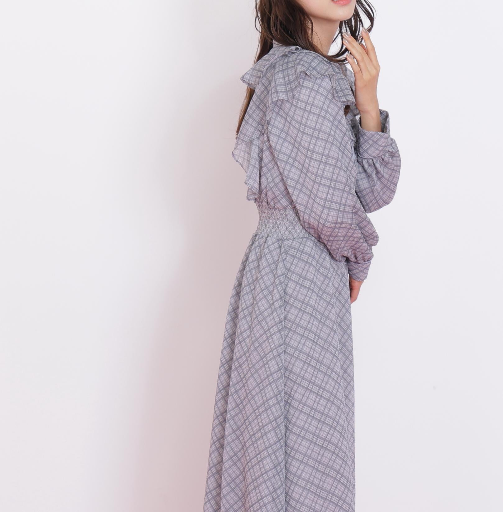 ベロア配色チェックラッフルワンピース グレー1