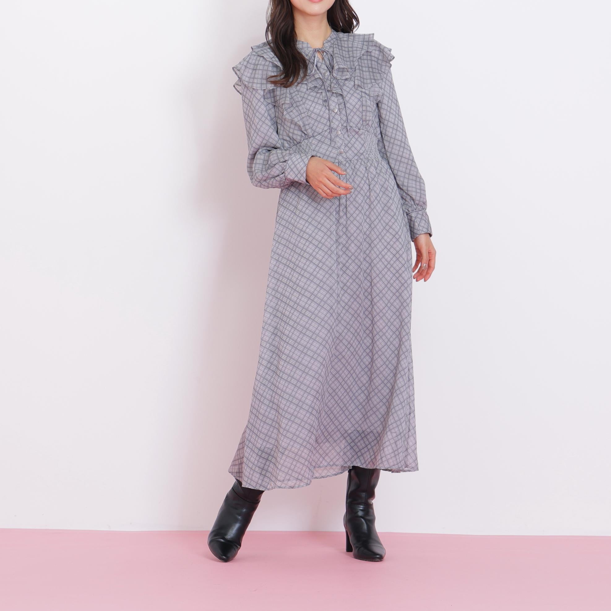 ベロア配色チェックラッフルワンピース グレー1