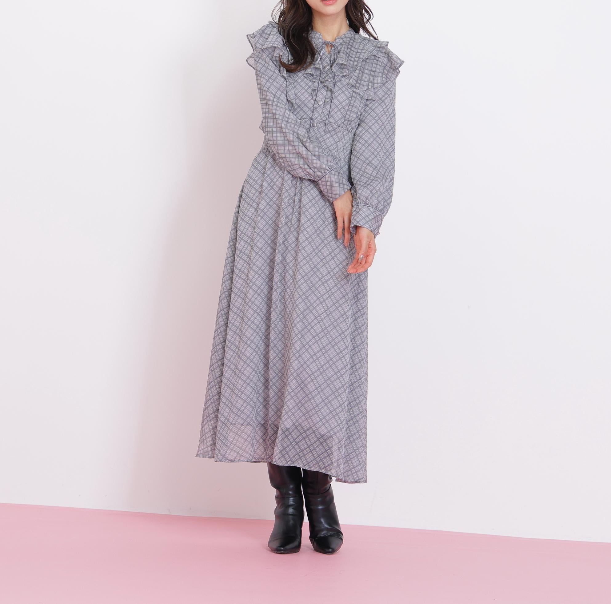 ベロア配色チェックラッフルワンピース グレー1