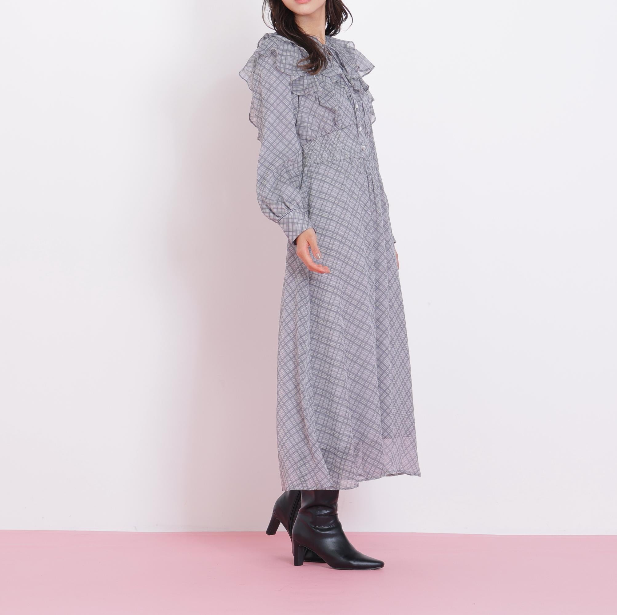 ベロア配色チェックラッフルワンピース グレー1