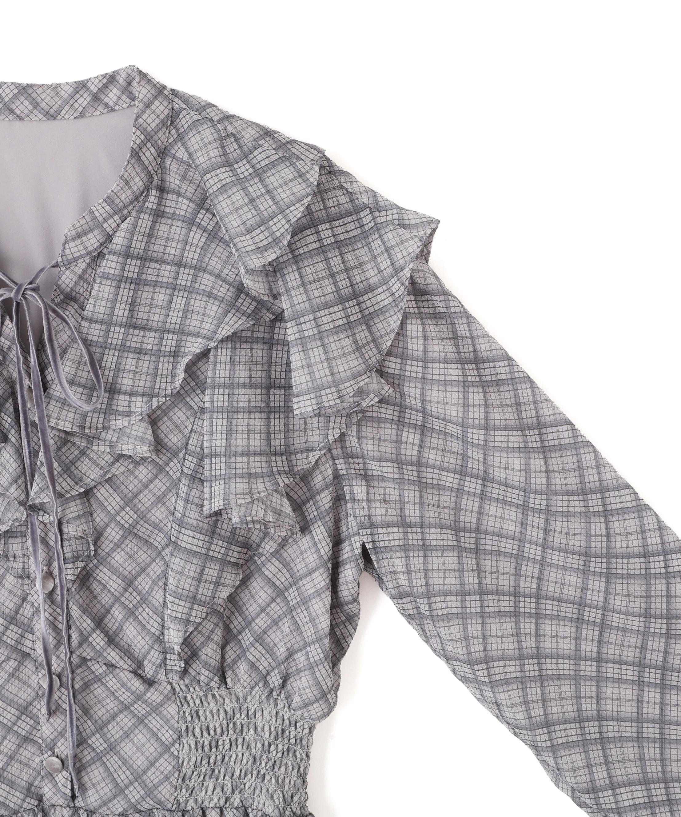 ベロア配色チェックラッフルワンピース グレー1