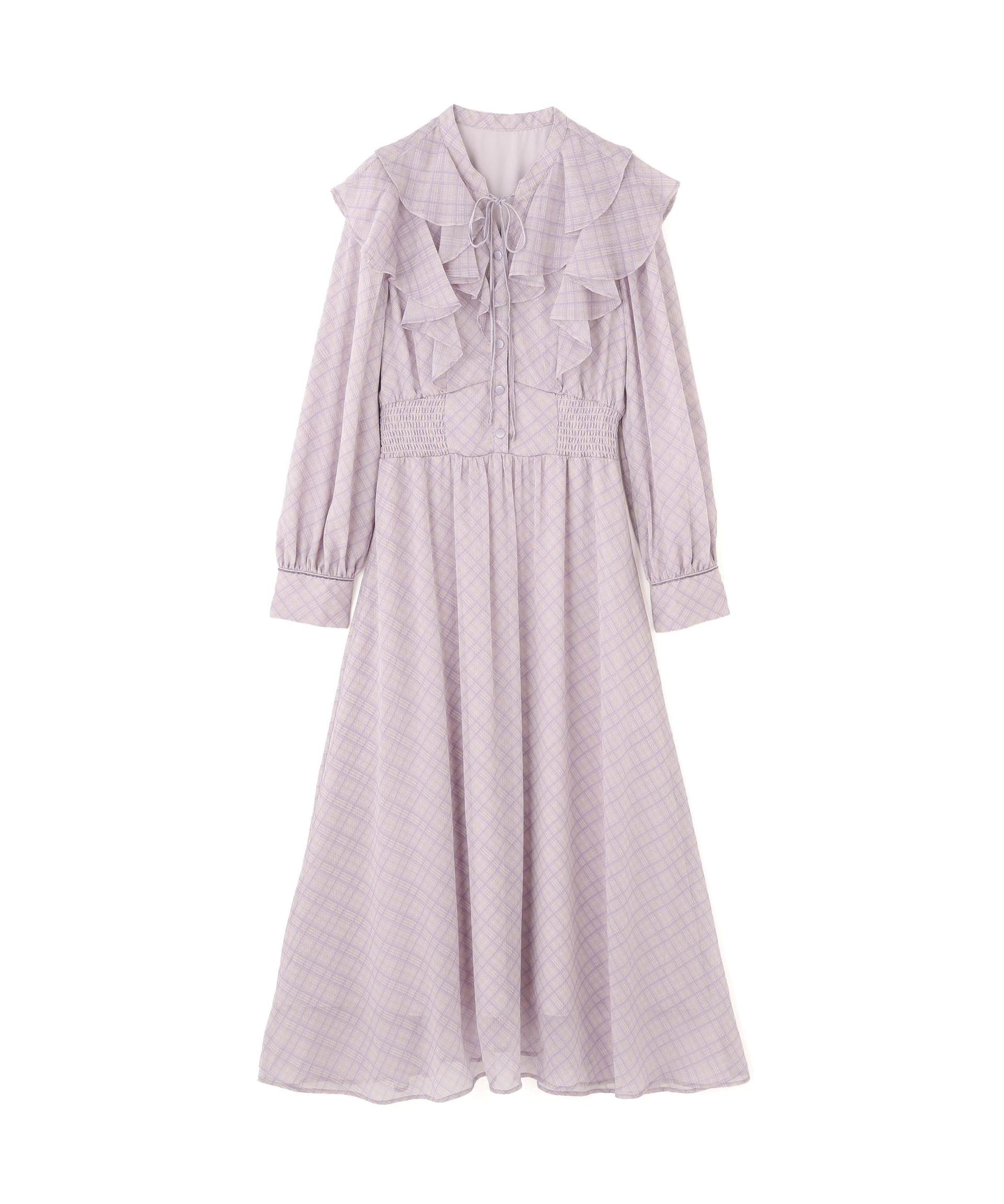 ベロア配色チェックラッフルワンピース ラベンダー1