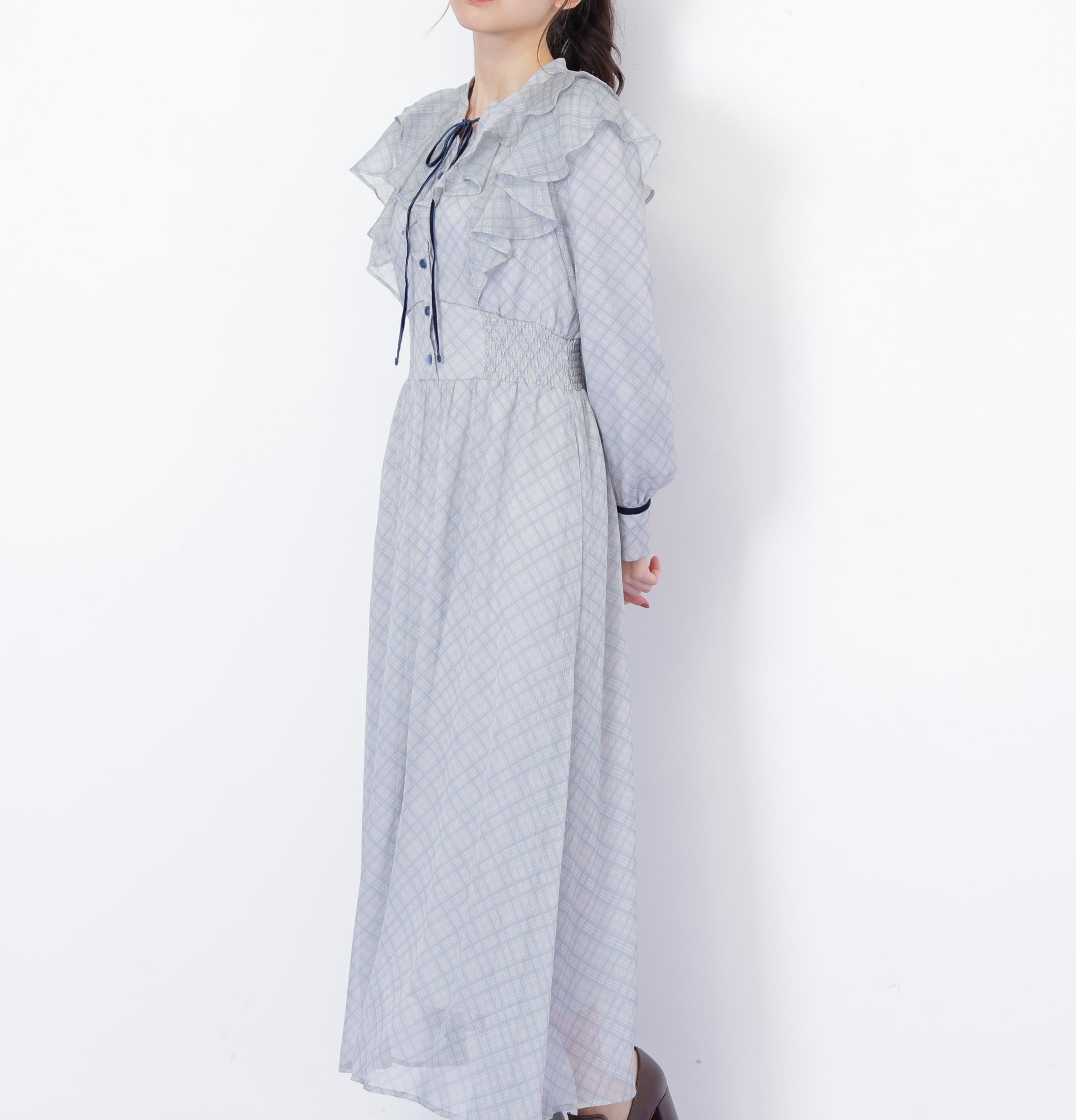 ベロア配色チェックラッフルワンピース グリーン1