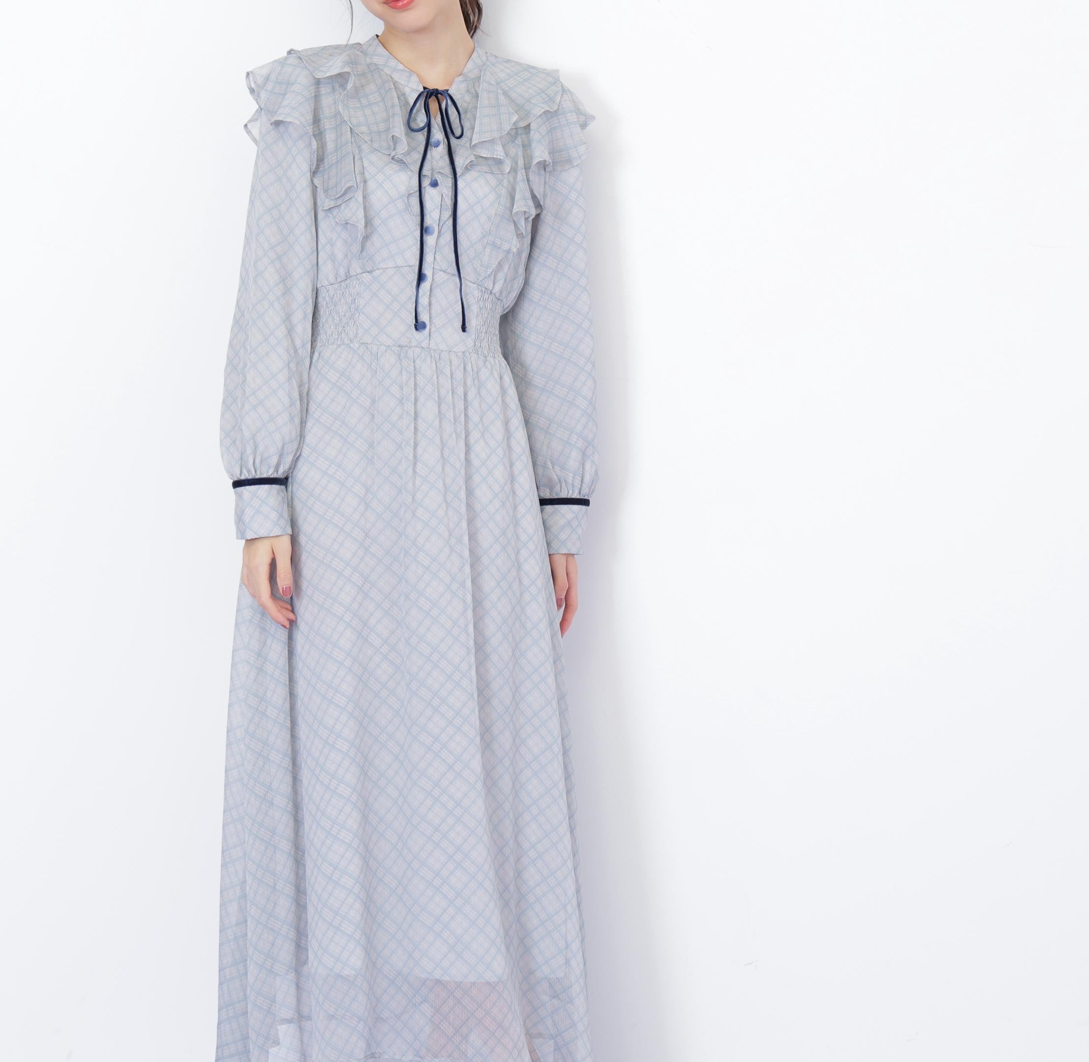 ベロア配色チェックラッフルワンピース グリーン1