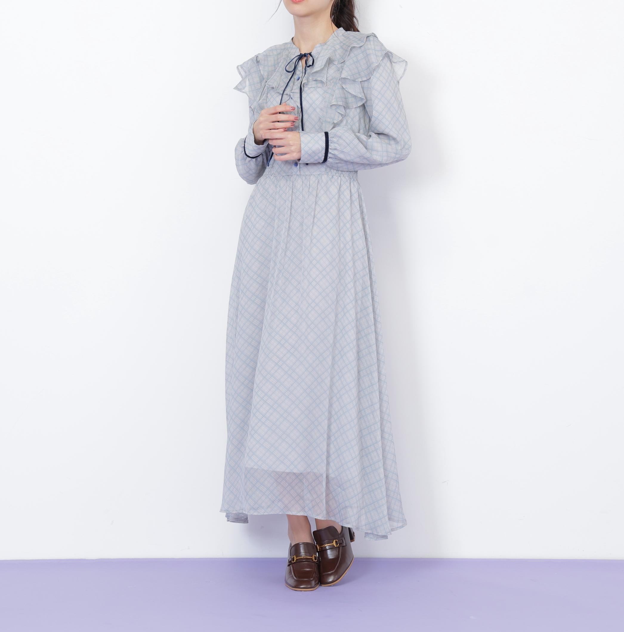 ベロア配色チェックラッフルワンピース グリーン1