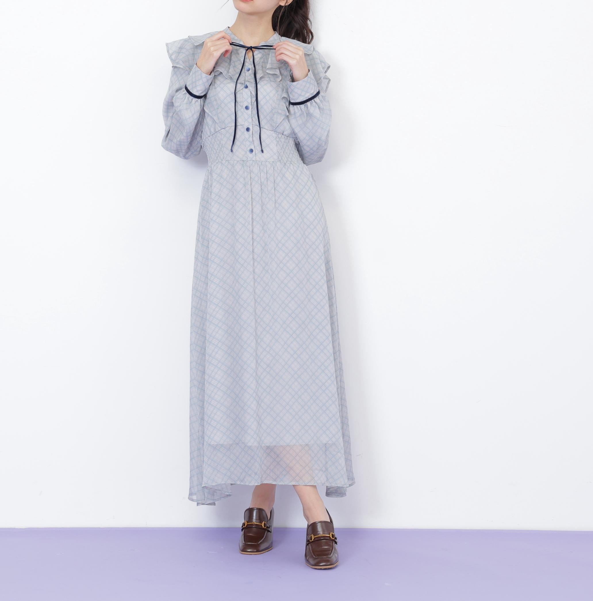 ベロア配色チェックラッフルワンピース グリーン1