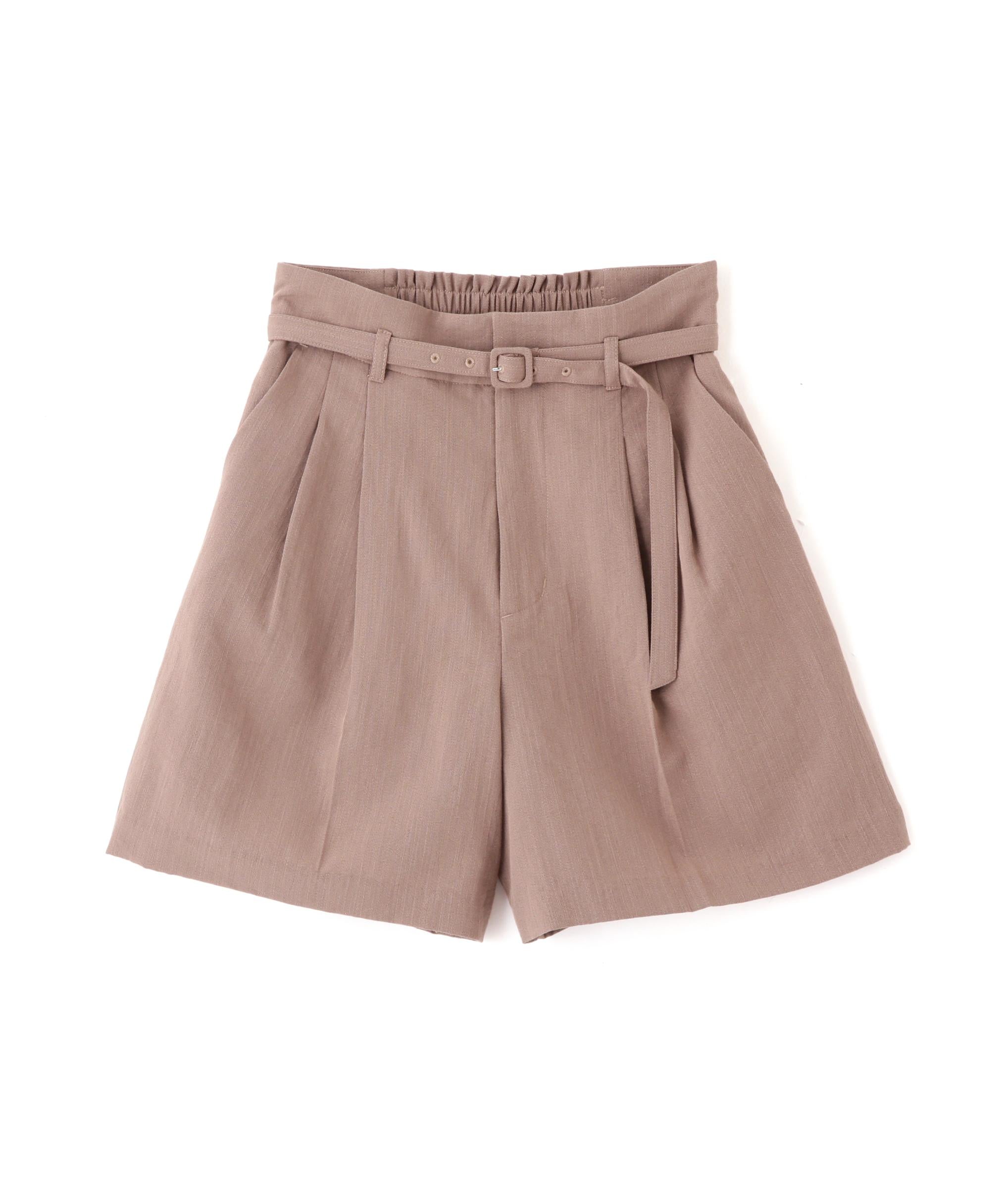 麻調合繊タックベルト付きショートパンツ モカベージュ
