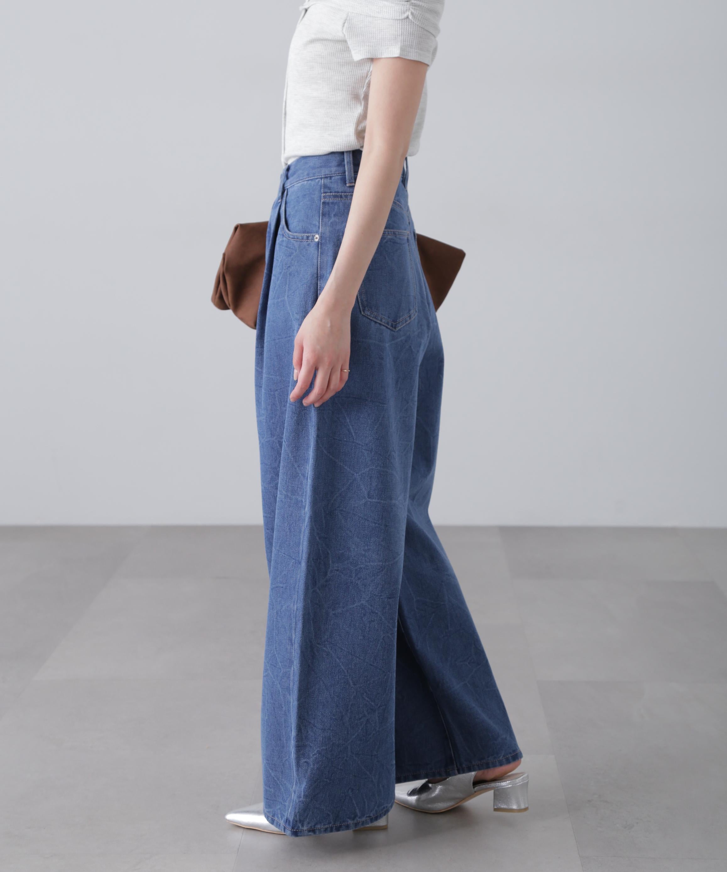 クリンクル加工タックワイドデニムパンツ ライトインディゴ1