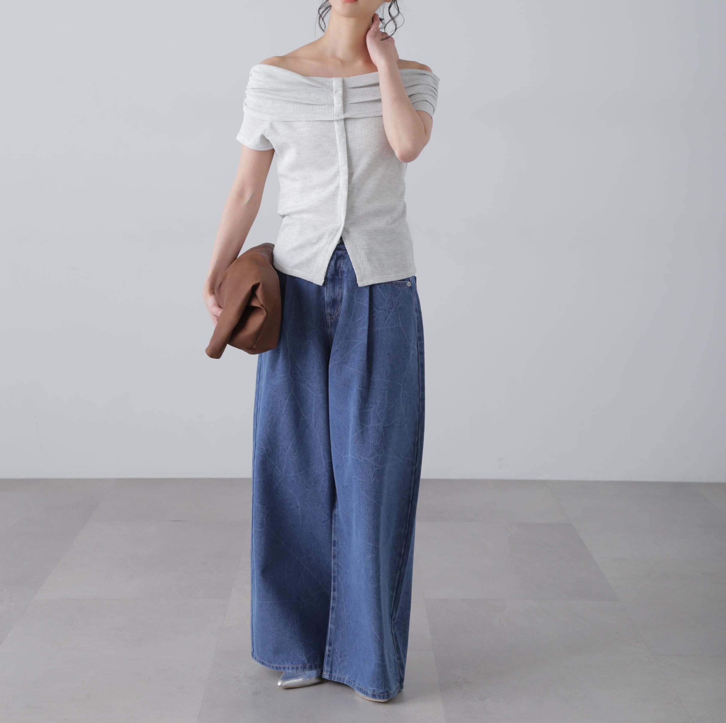 クリンクル加工タックワイドデニムパンツ ライトインディゴ1