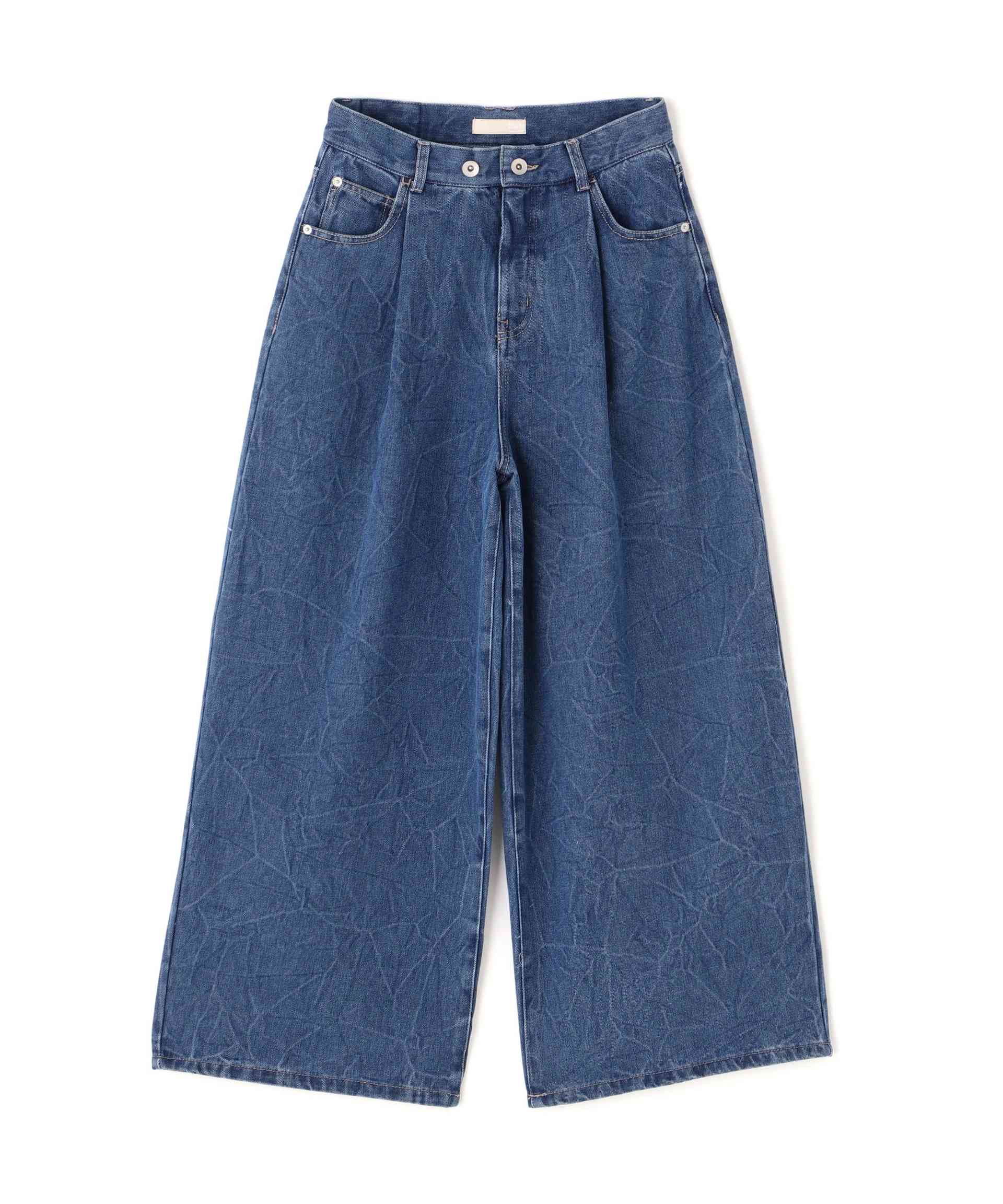 クリンクル加工タックワイドデニムパンツ ライトインディゴ1