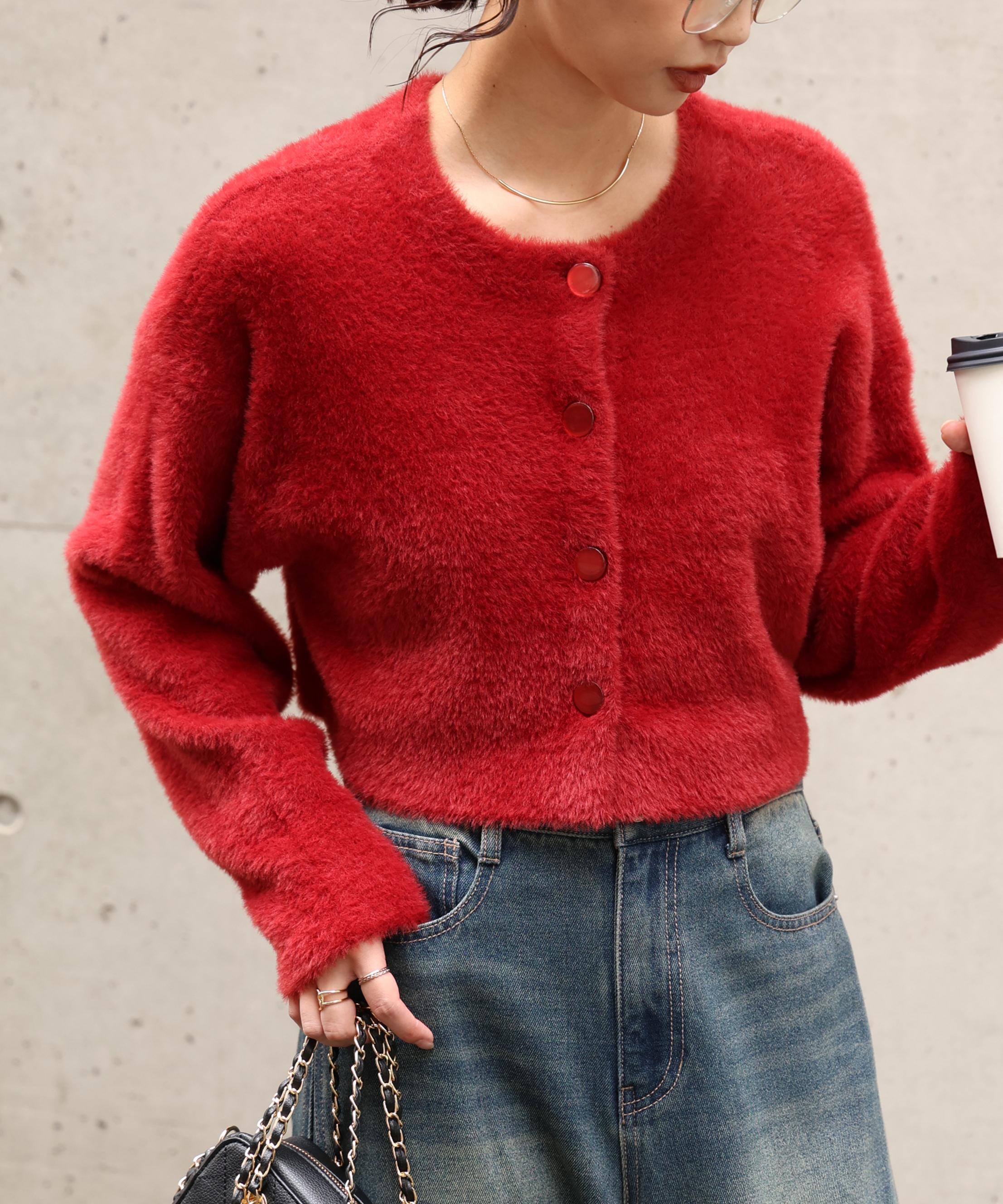 前後2wayショートシャギー短丈ニット ボルドー