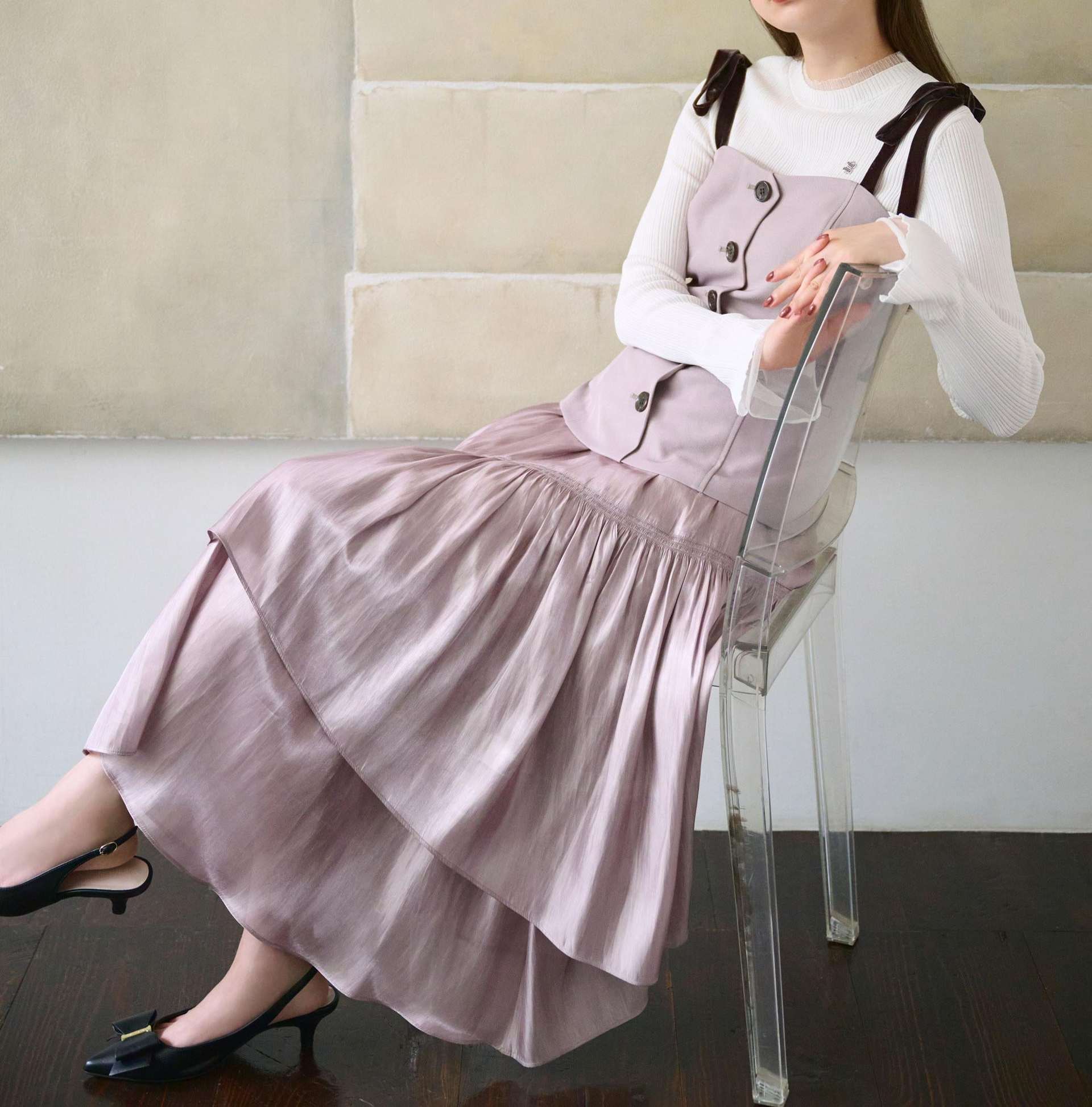 <セットアップ対応>ベーシックツイルベロアリボンビスチェ モカ