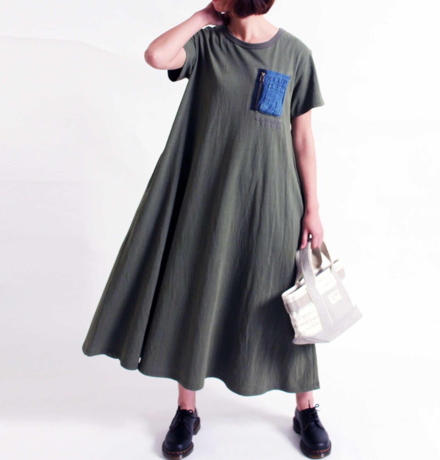 デニム ポケット フレア ワンピース/DENIM POCKET FLARE ONEPICE オリーブ