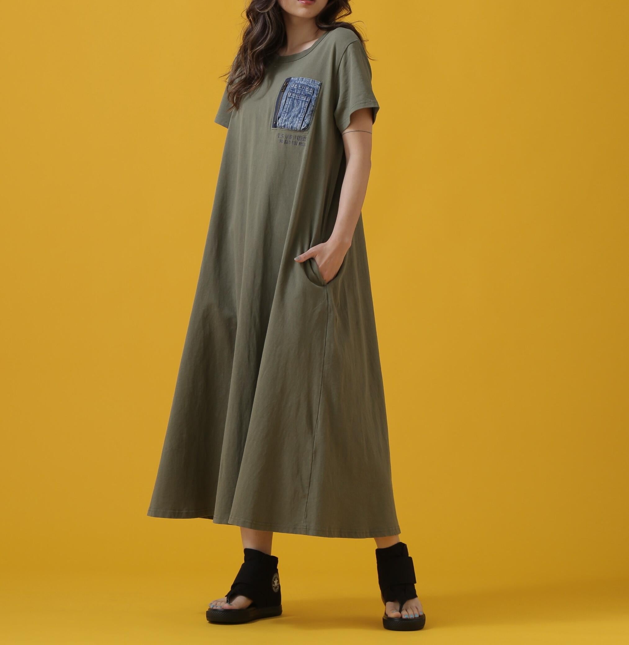 デニム ポケット フレア ワンピース/DENIM POCKET FLARE ONEPICE オリーブ