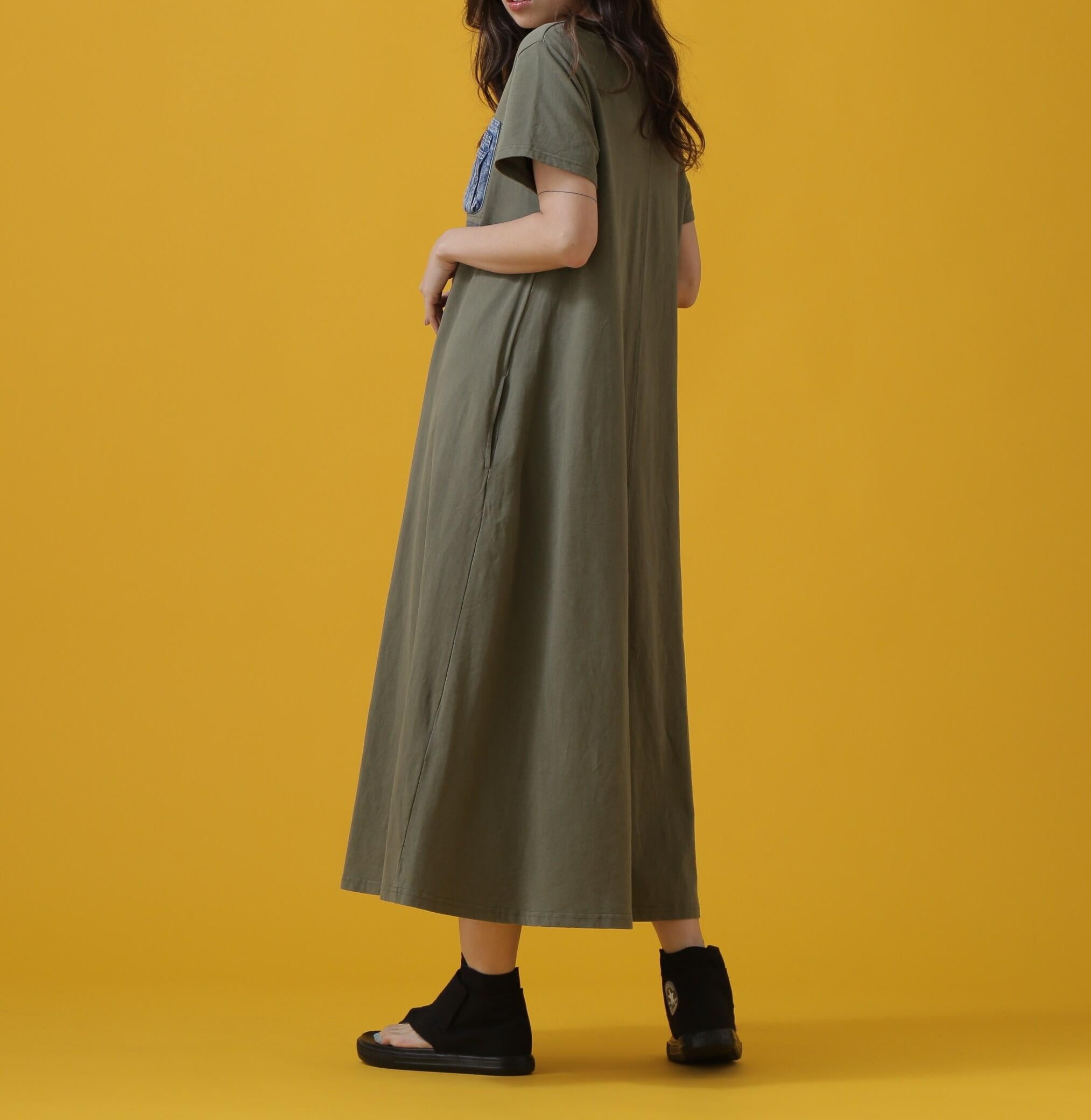デニム ポケット フレア ワンピース/DENIM POCKET FLARE ONEPICE オリーブ