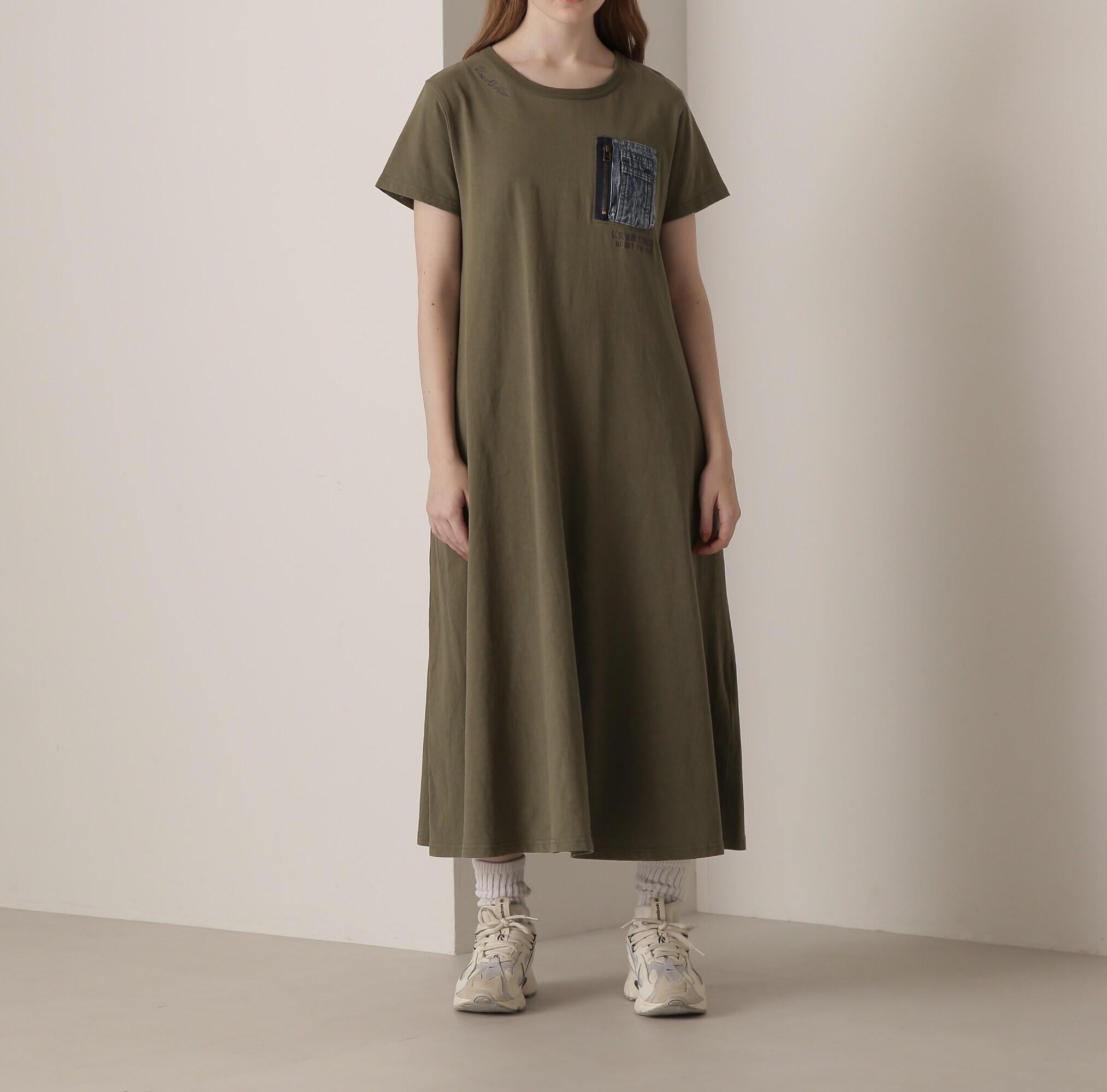デニム ポケット フレア ワンピース/DENIM POCKET FLARE ONEPICE オリーブ