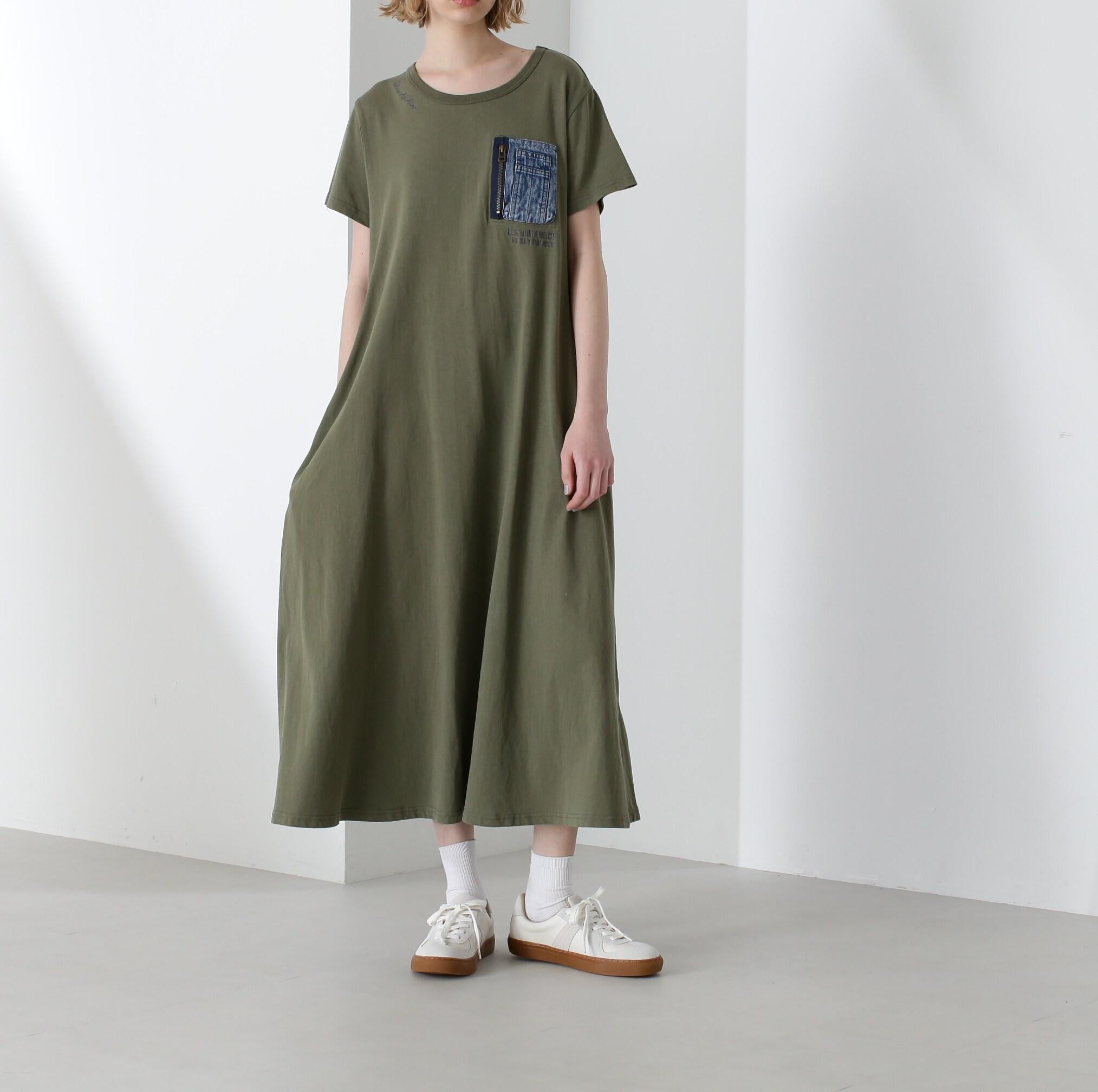 デニム ポケット フレア ワンピース/DENIM POCKET FLARE ONEPICE オリーブ