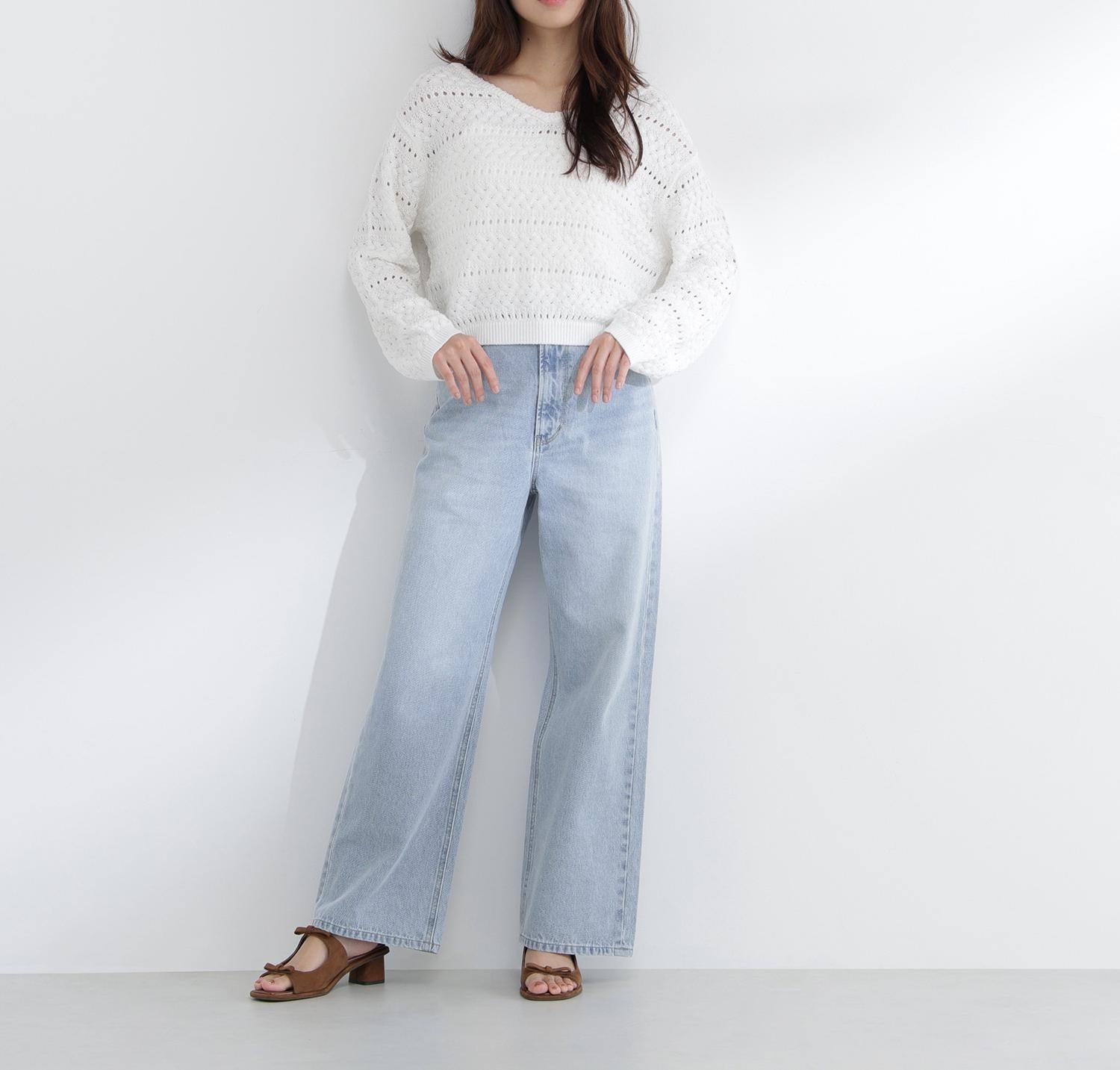 Vネック透かし編みニット オフホワイト1