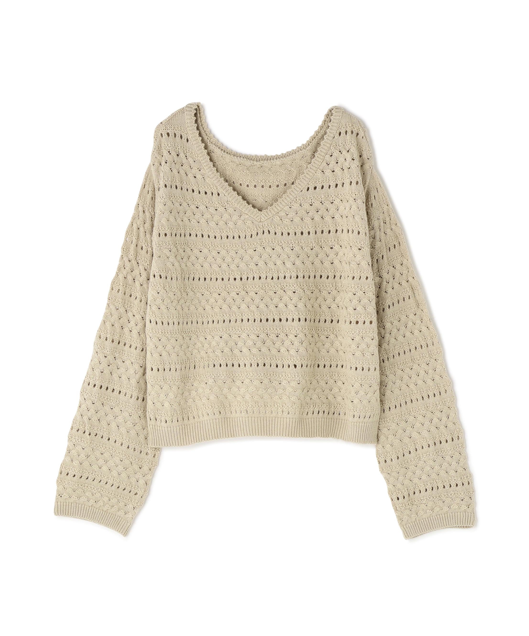 Vネック透かし編みニット ベージュ