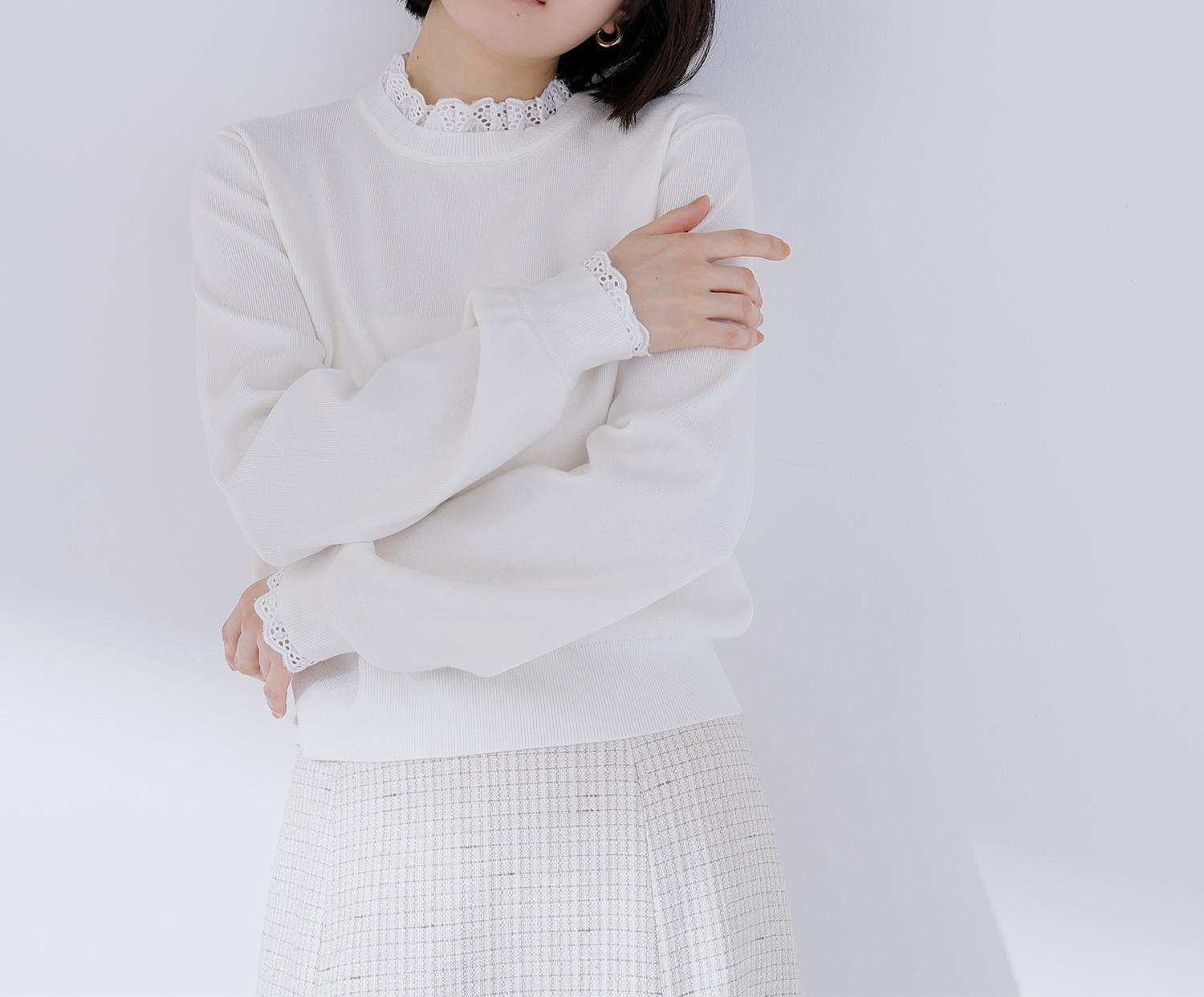 レースフリルドッキングニット オフホワイト1