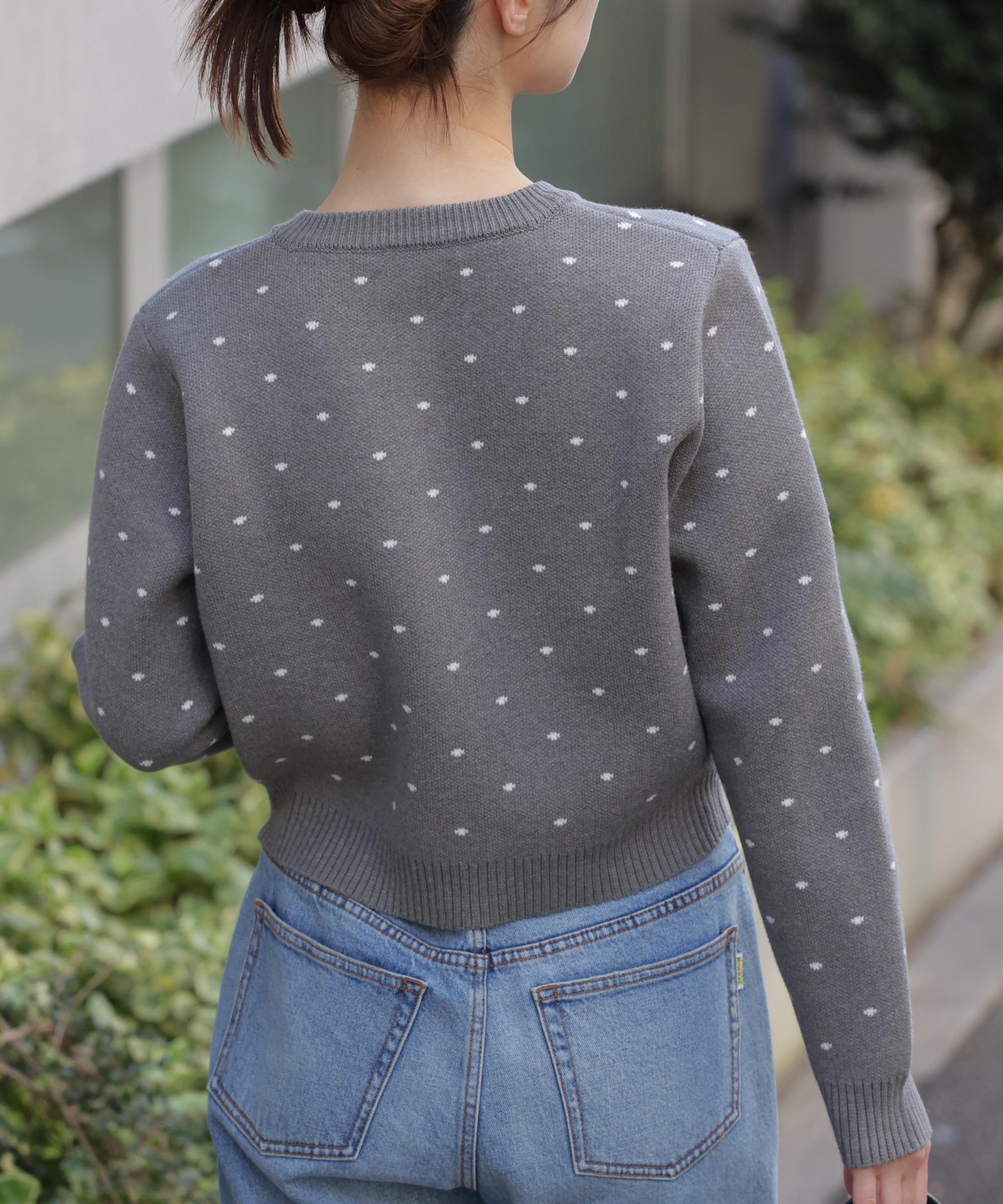 ハートボタンドット柄カーディガン グレー