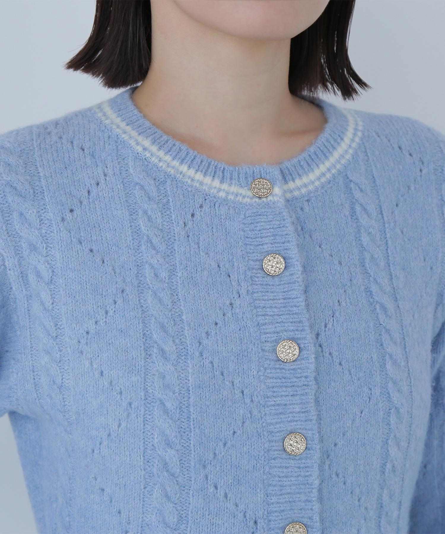 ペプラムケーブルニットセットアップ ブルー×オフ2