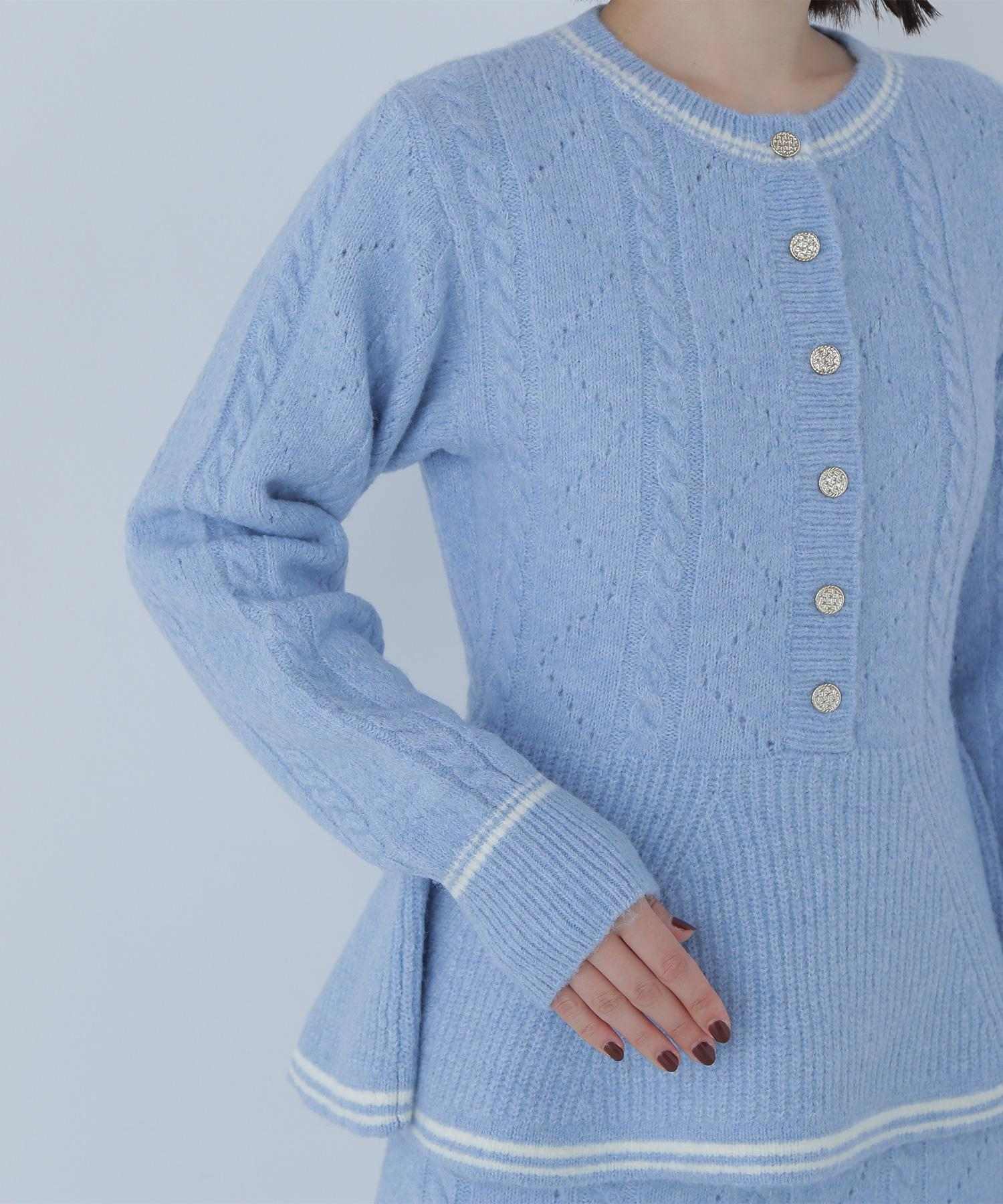 ペプラムケーブルニットセットアップ ブルー×オフ2