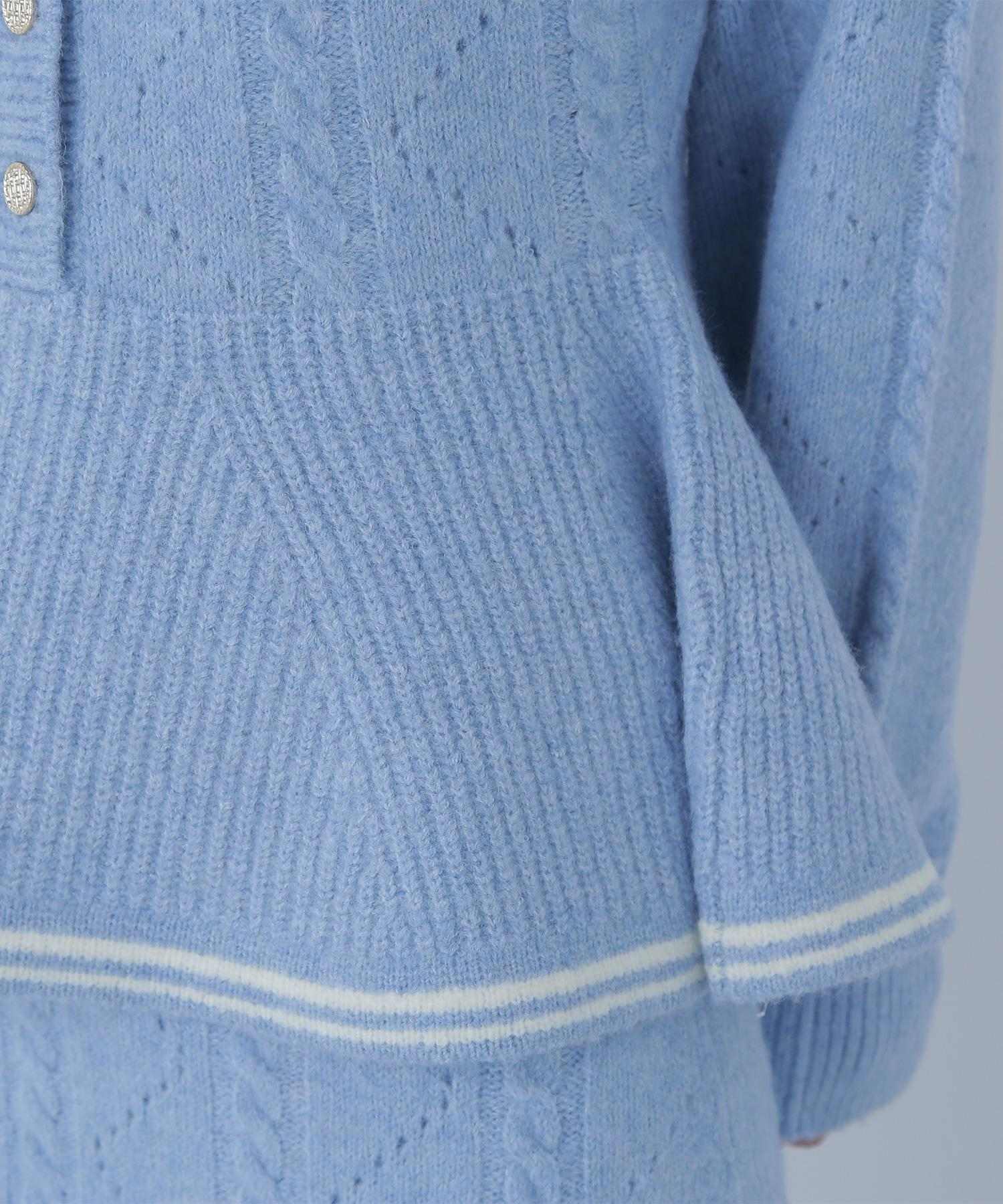 ペプラムケーブルニットセットアップ ブルー×オフ2