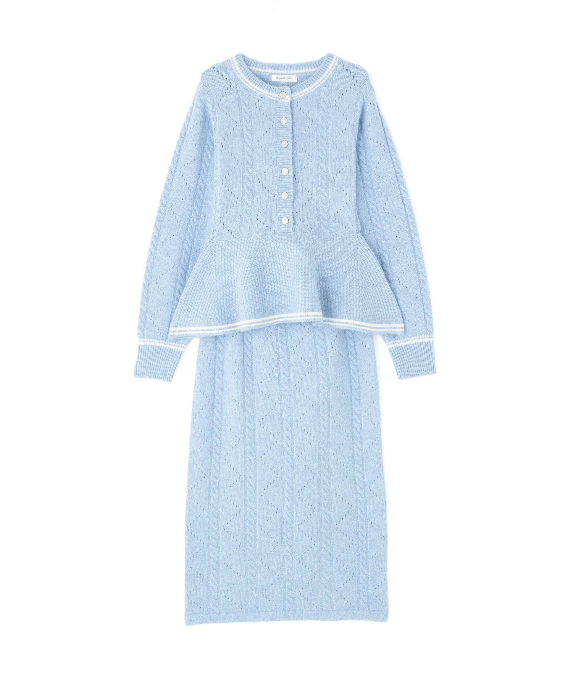 ペプラムケーブルニットセットアップ ブルー×オフ2