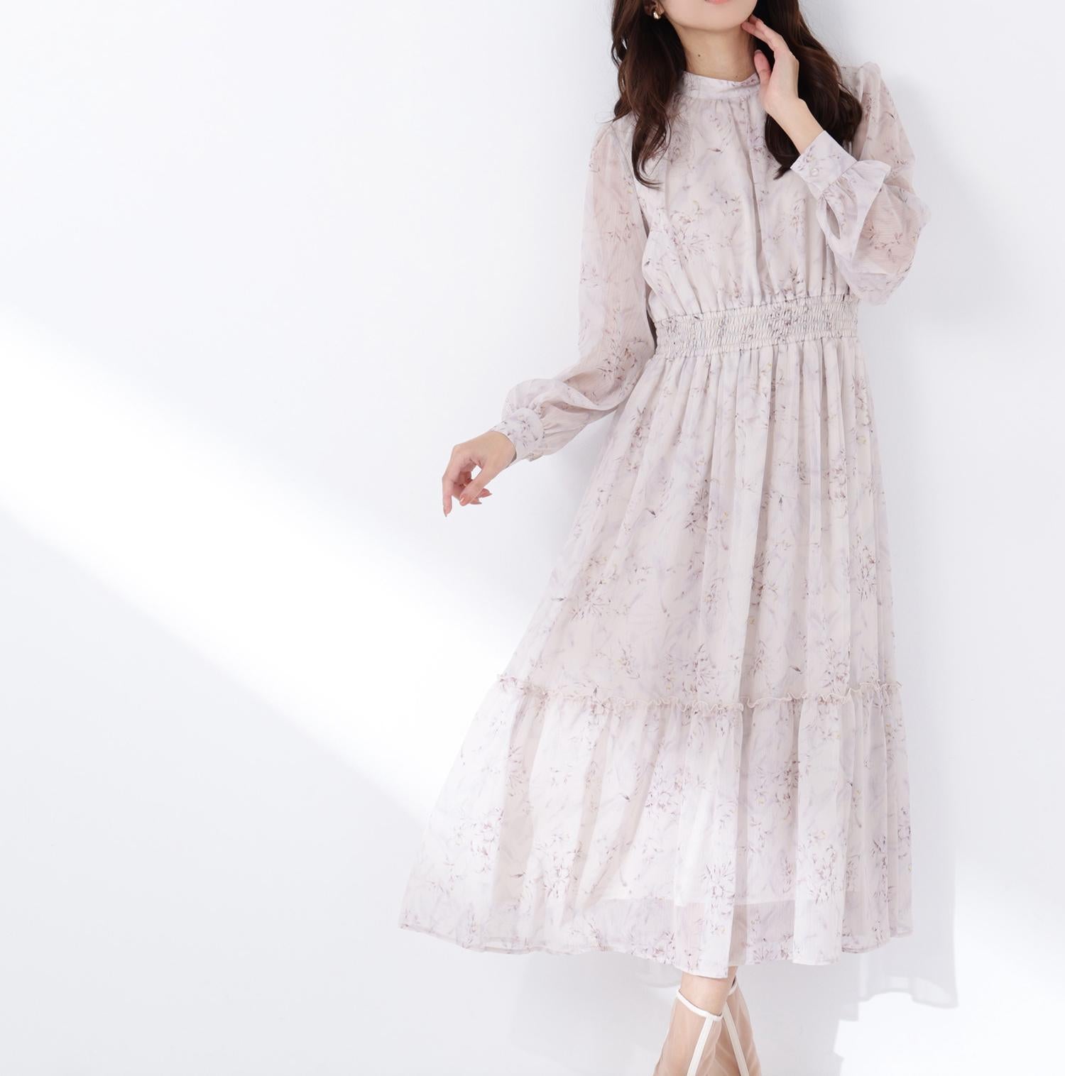 フラワーシフォンワンピース ベージュ系2