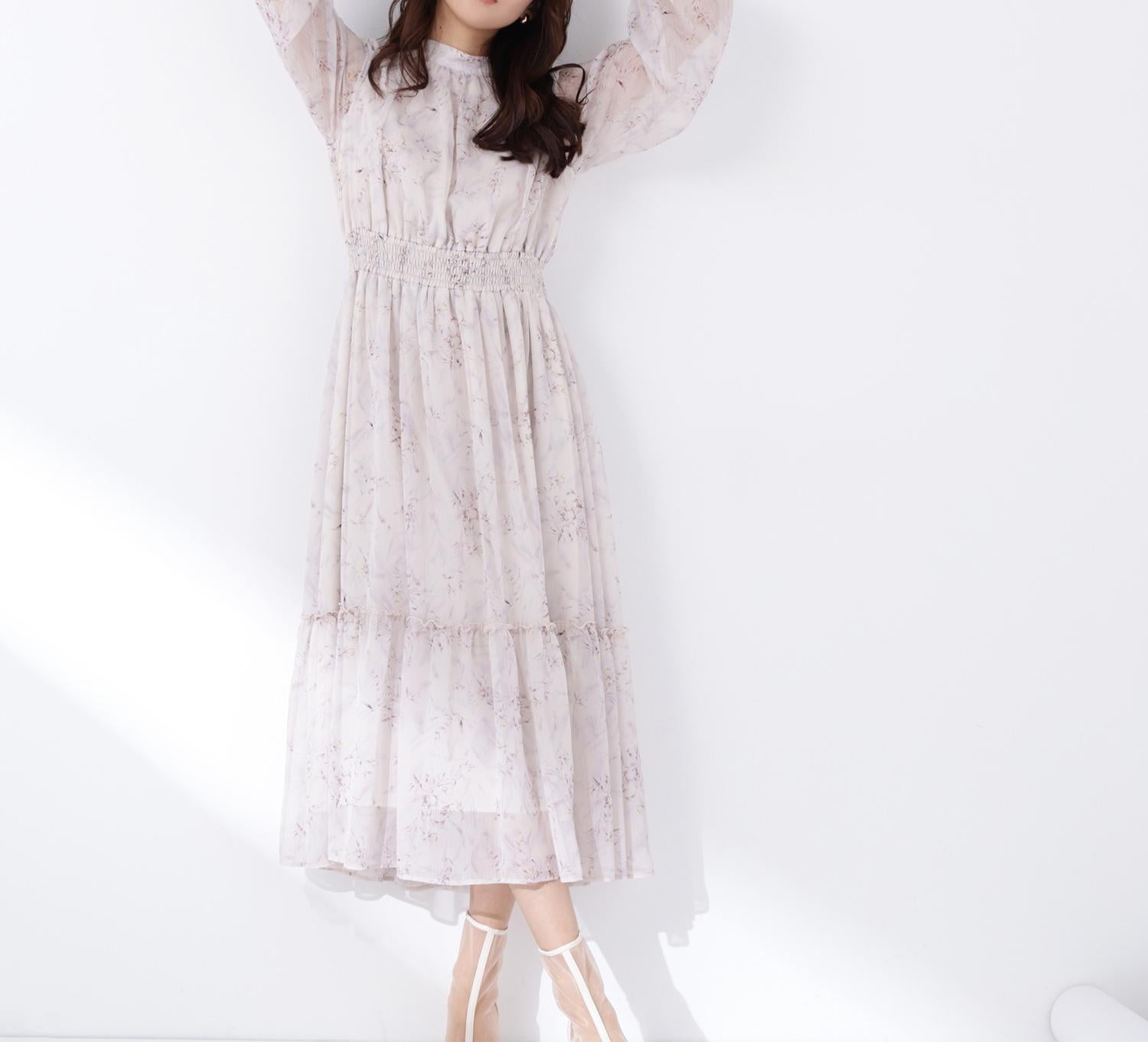 フラワーシフォンワンピース ベージュ系2