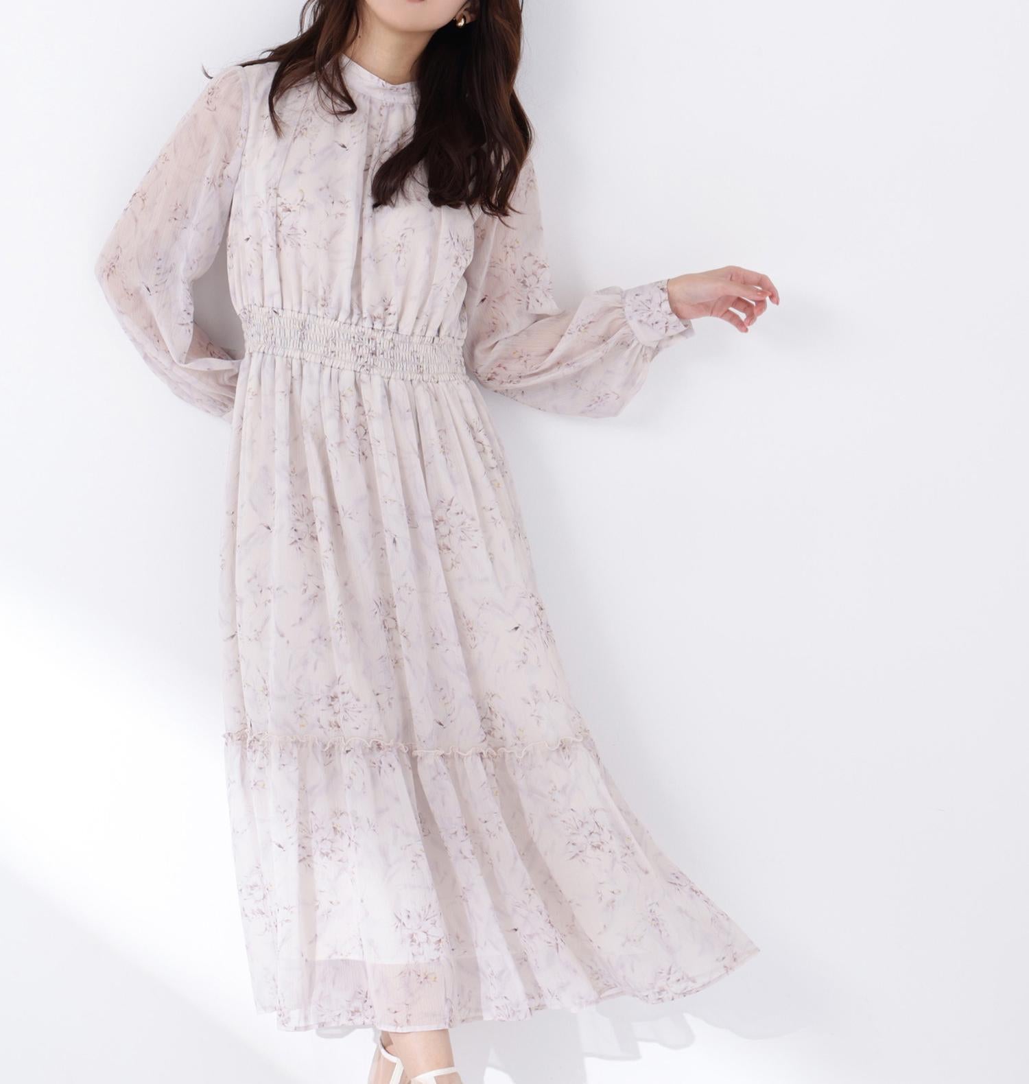 フラワーシフォンワンピース ベージュ系2