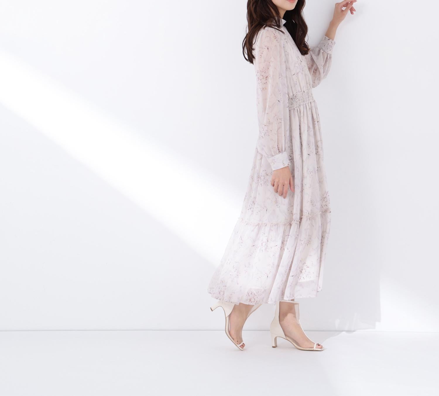 フラワーシフォンワンピース ベージュ系2