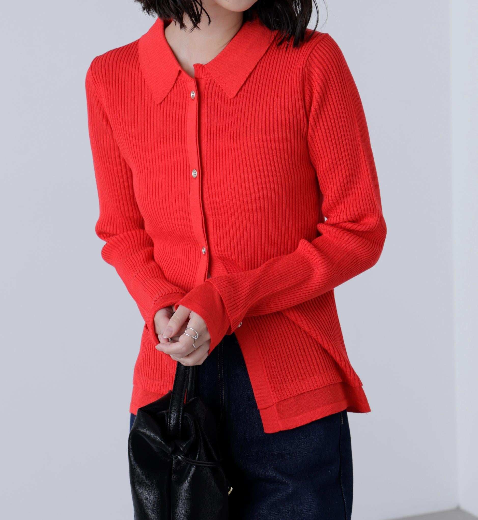 金ボタン襟リブニット レッド