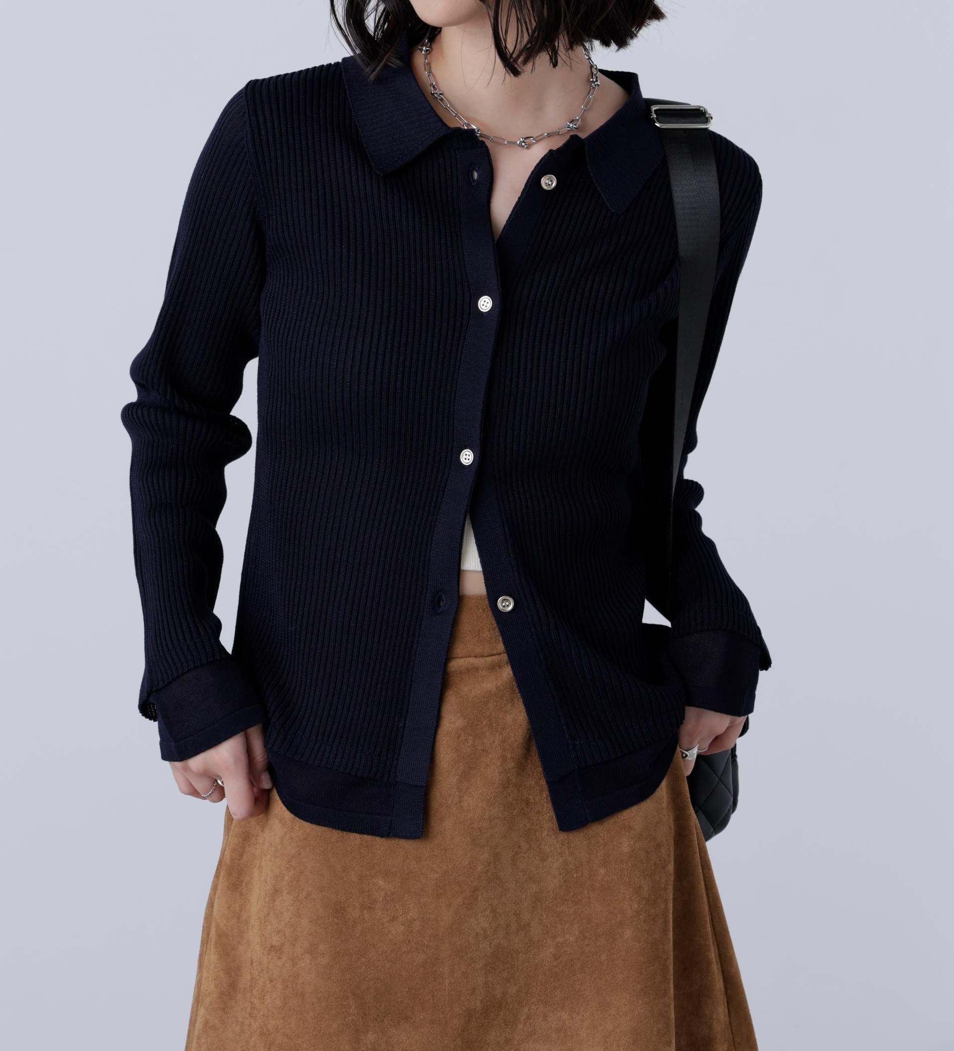 金ボタン襟リブニット ネイビー