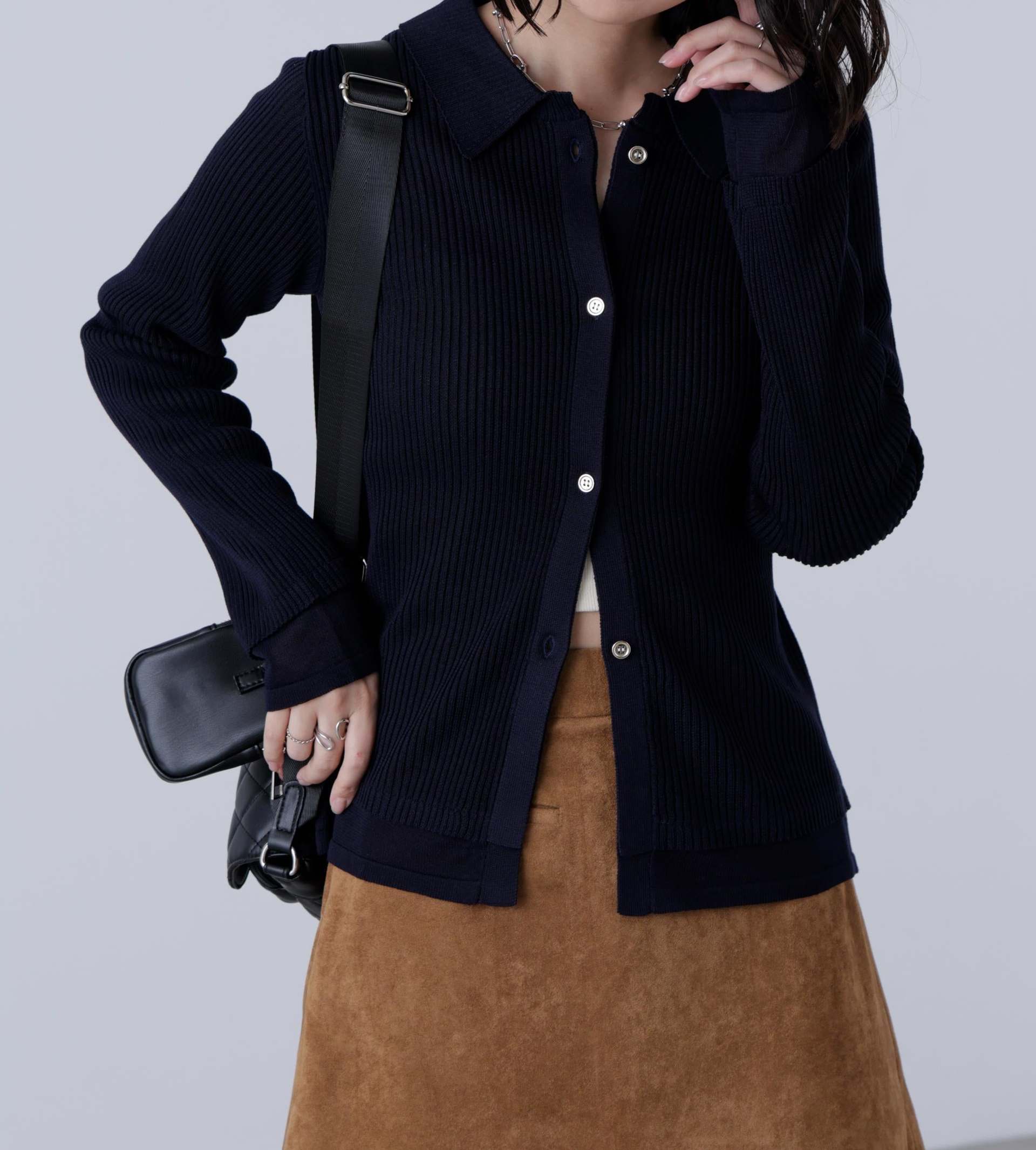 金ボタン襟リブニット ネイビー