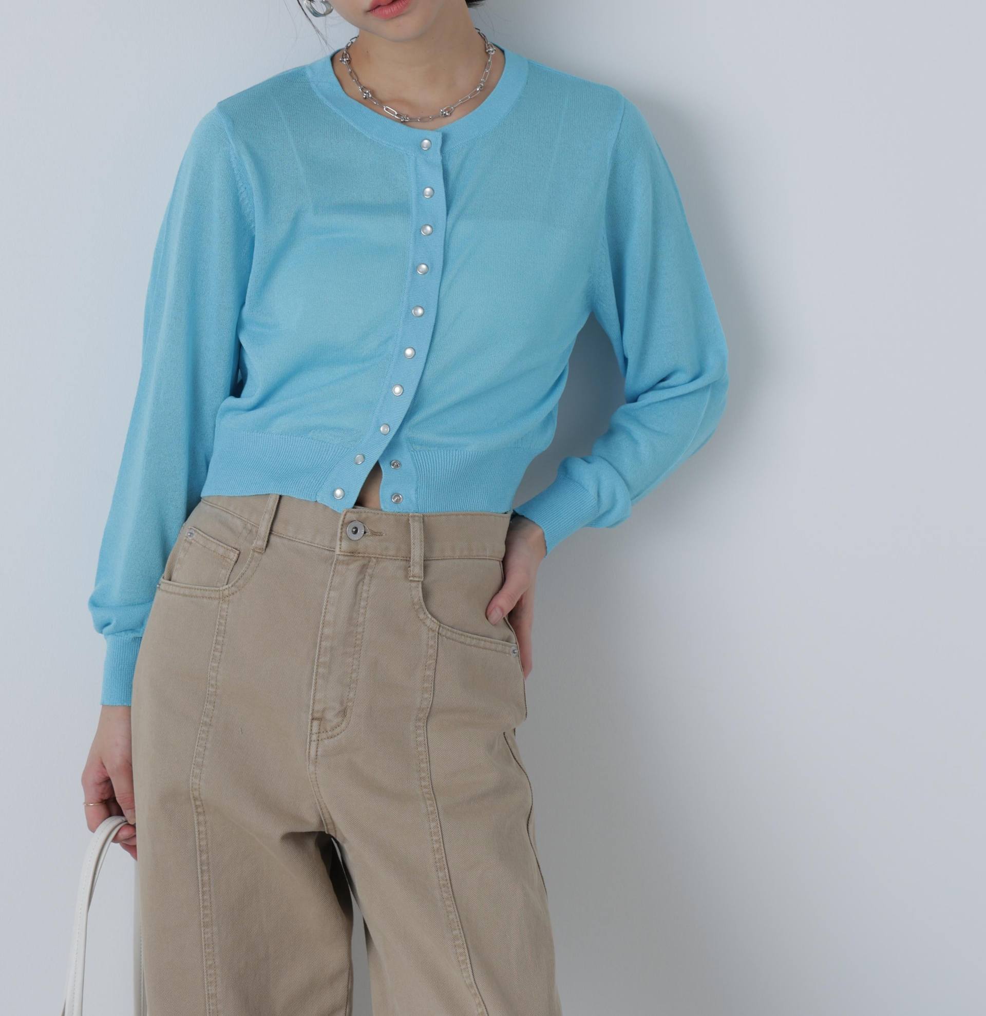 ドットボタンクルーネックカーディガン ブルー