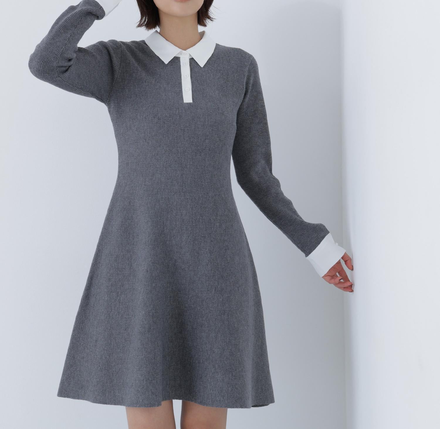 シャツカラーミニニットワンピース ウォームグレー