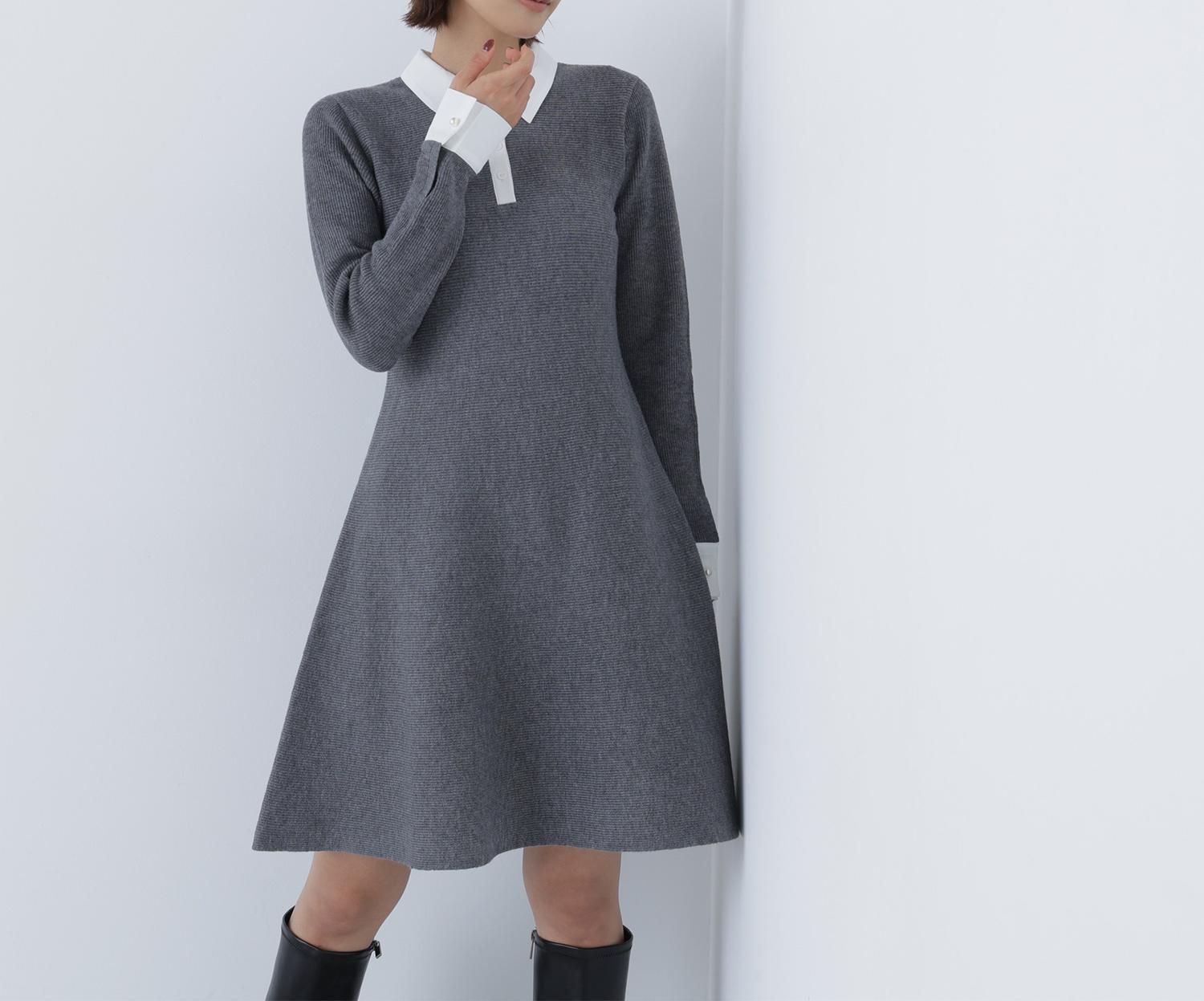シャツカラーミニニットワンピース ウォームグレー